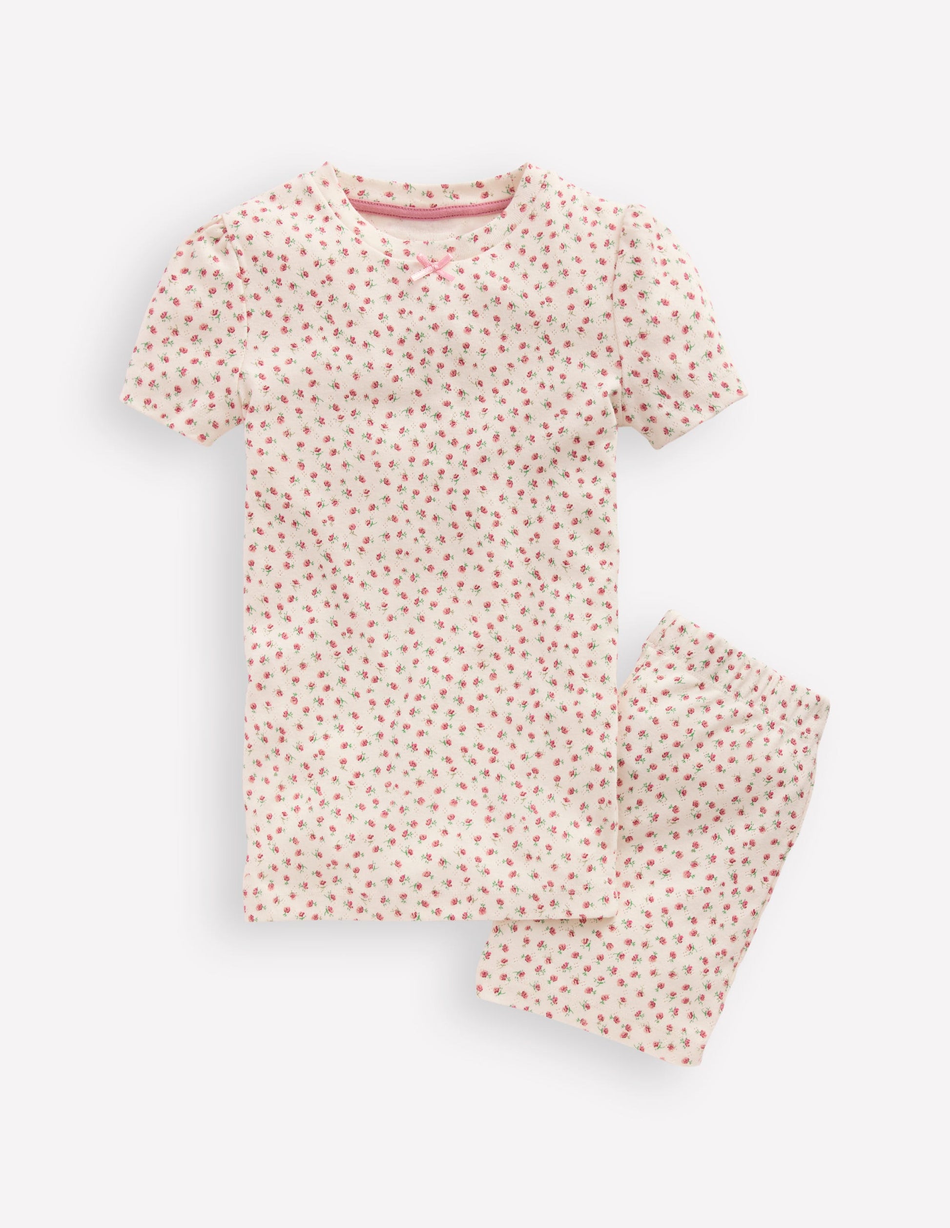 Eng anliegender Pointelle-Schlafanzug-Sanftes Naturweiß Blumenmuster-1