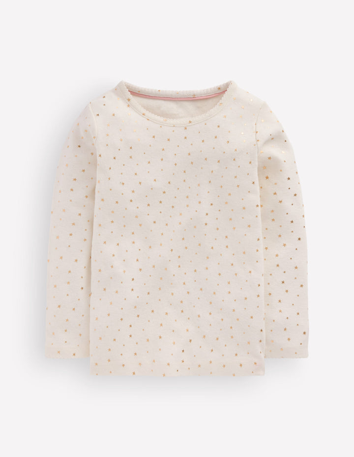 Langärmeliges Oberteil mit Pointelle-Muster-Naturweiß Goldfolie