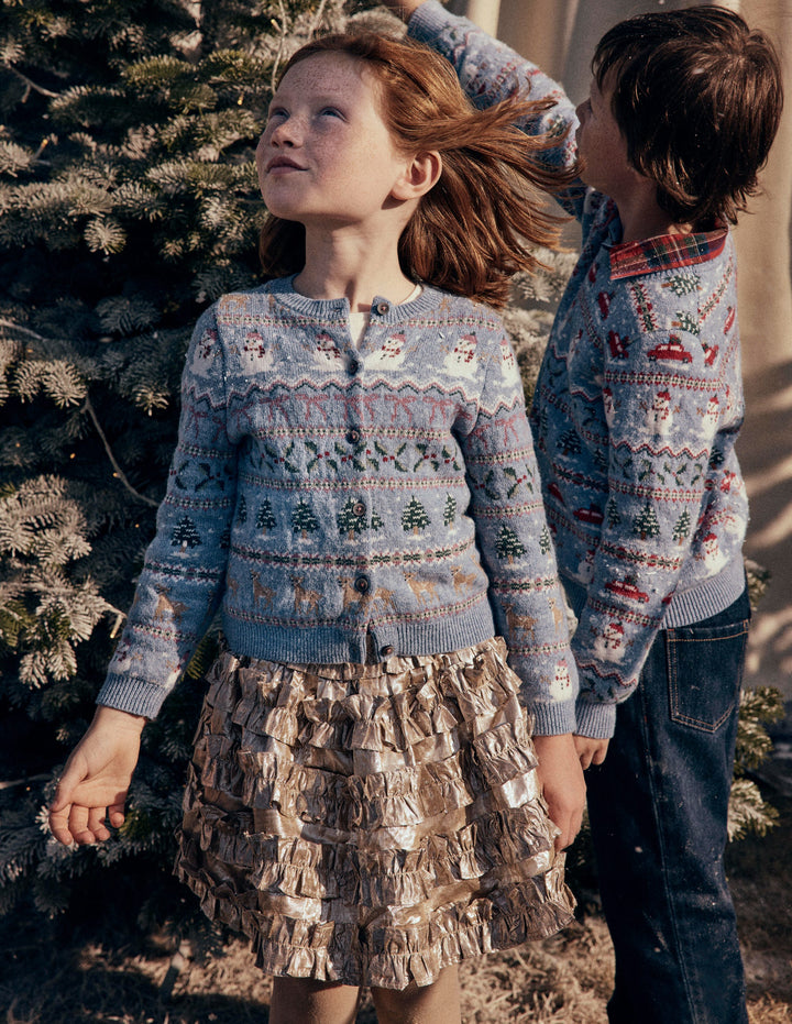 Edie Fair-Isle-Strickjacke-Gletscherblau Verschneite Weihnachten