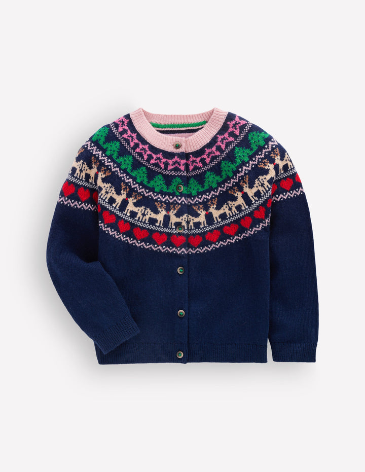 Edie Fair-Isle-Strickjacke-Mittelalterliches Blau Glitzer Bunt