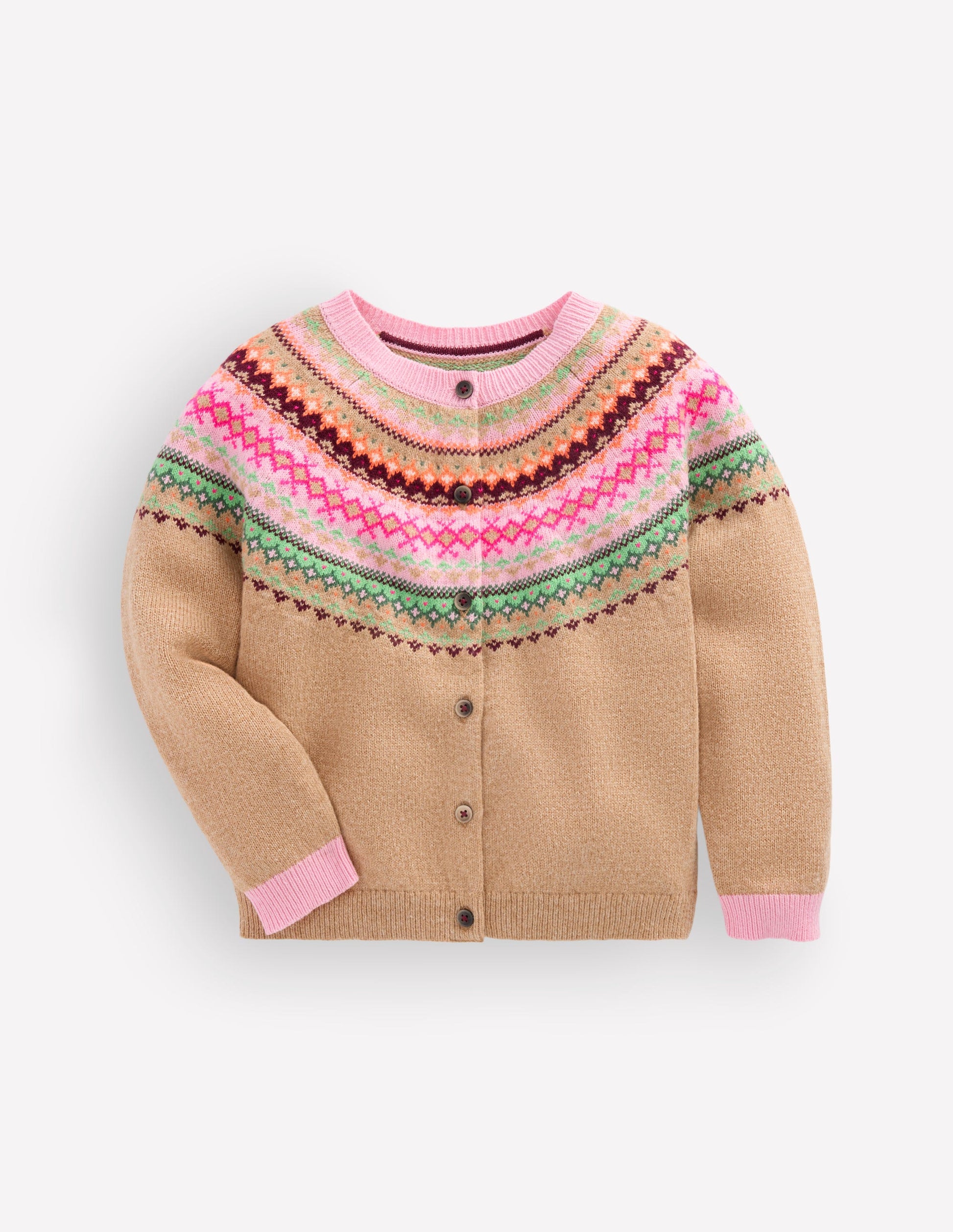 Edie Fair-Isle-Strickjacke-Camel Bunt Passe-5