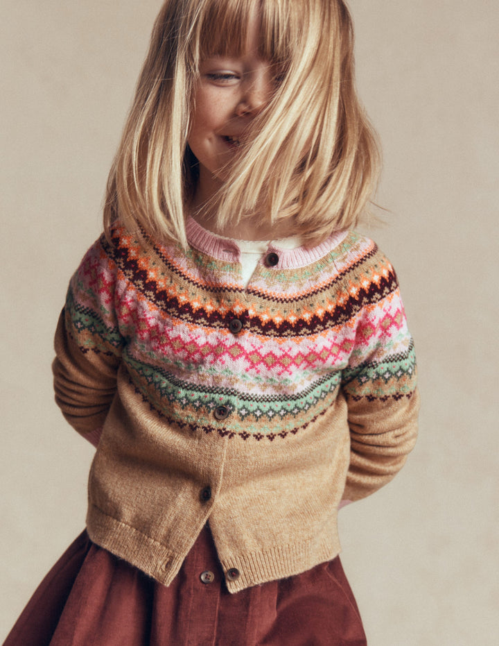 Edie Fair-Isle-Strickjacke-Camel Bunt Passe