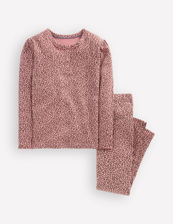 Eng anliegender Henley-Schlafanzug-Pink Leopardenmuster