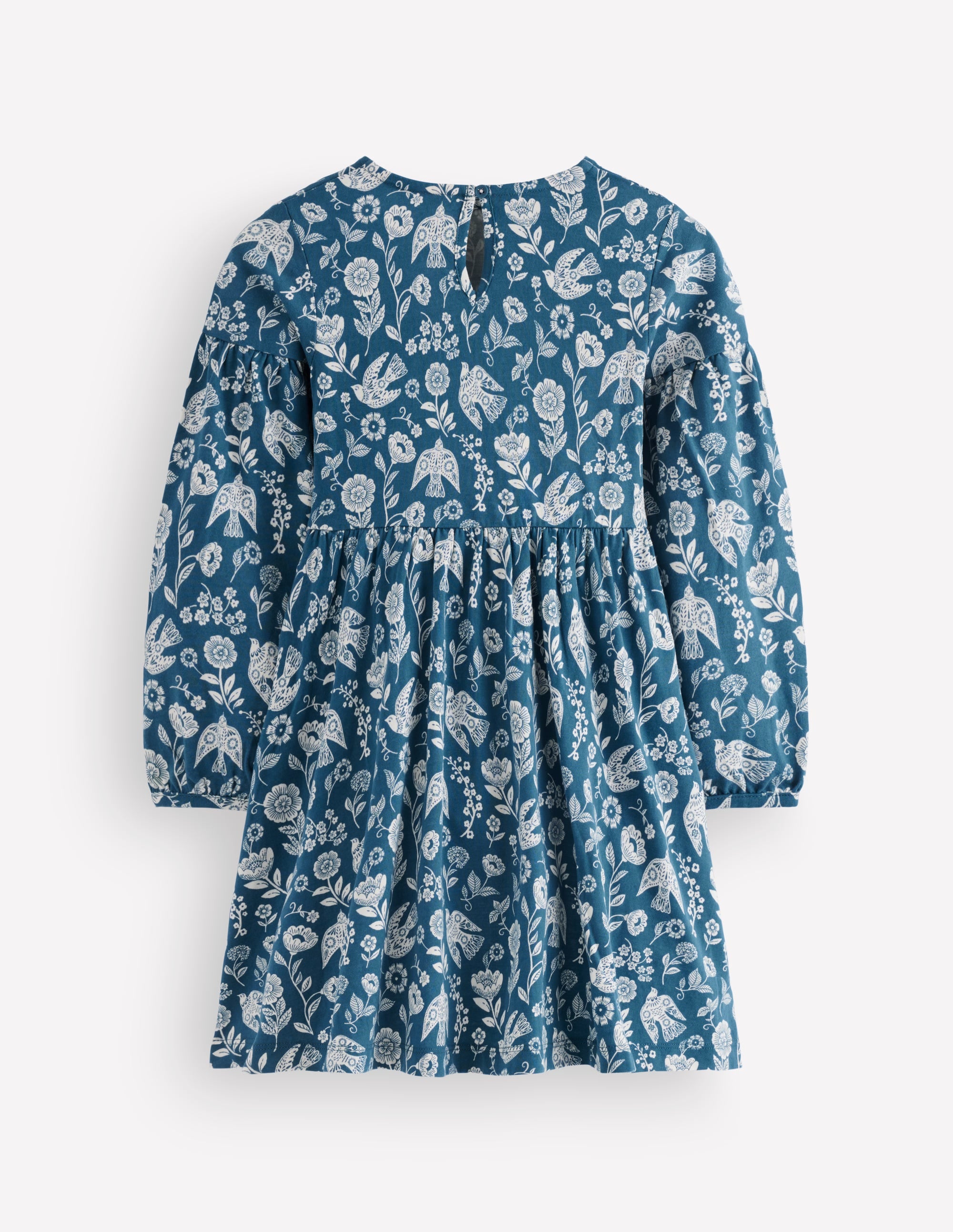 Madeline Kleid mit Blousonärmeln-Saphirblau Blumenmuster Vogel - Image 3