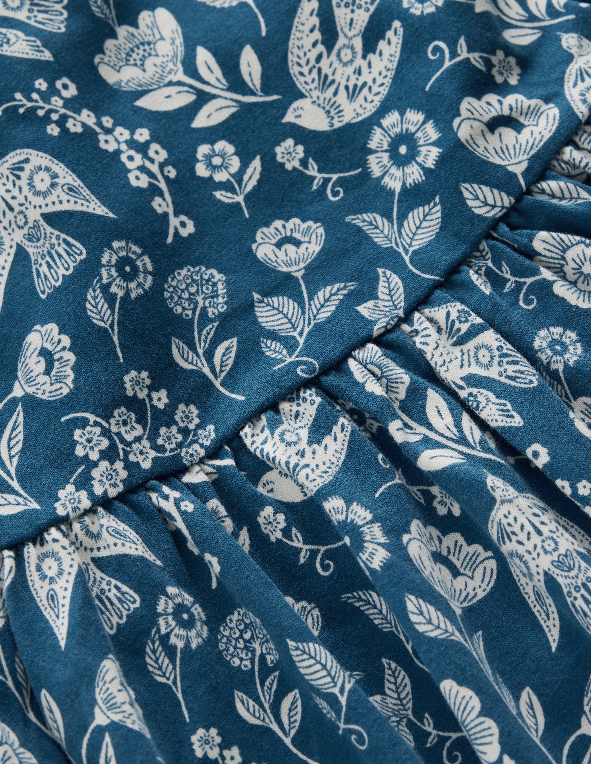 Madeline Kleid mit Blousonärmeln-Saphirblau Blumenmuster Vogel-4