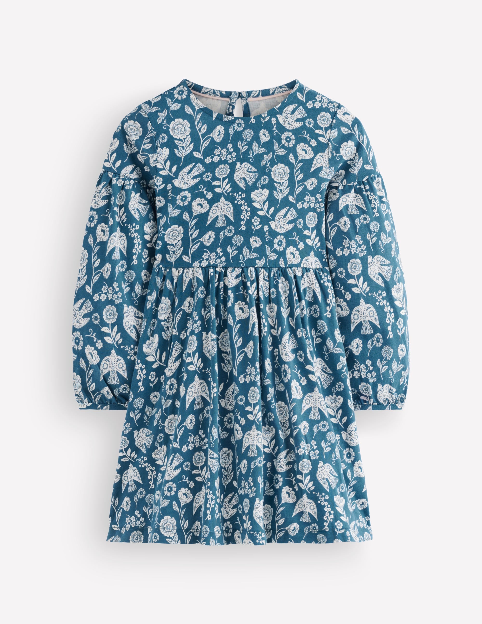 Madeline Kleid mit Blousonärmeln-Saphirblau Blumenmuster Vogel - Image 2