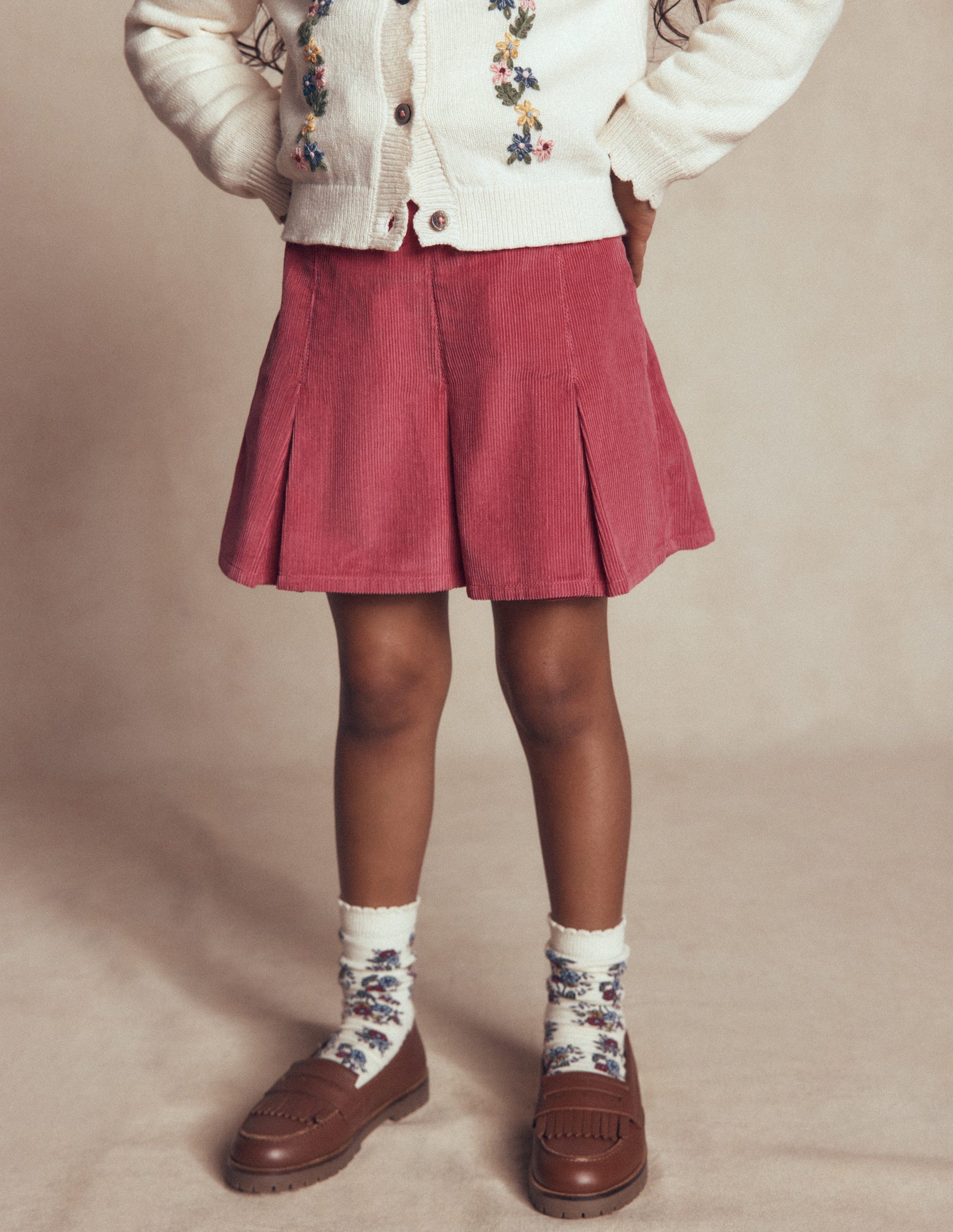Plissierter Skort-Winter Puderrosa Cord-2