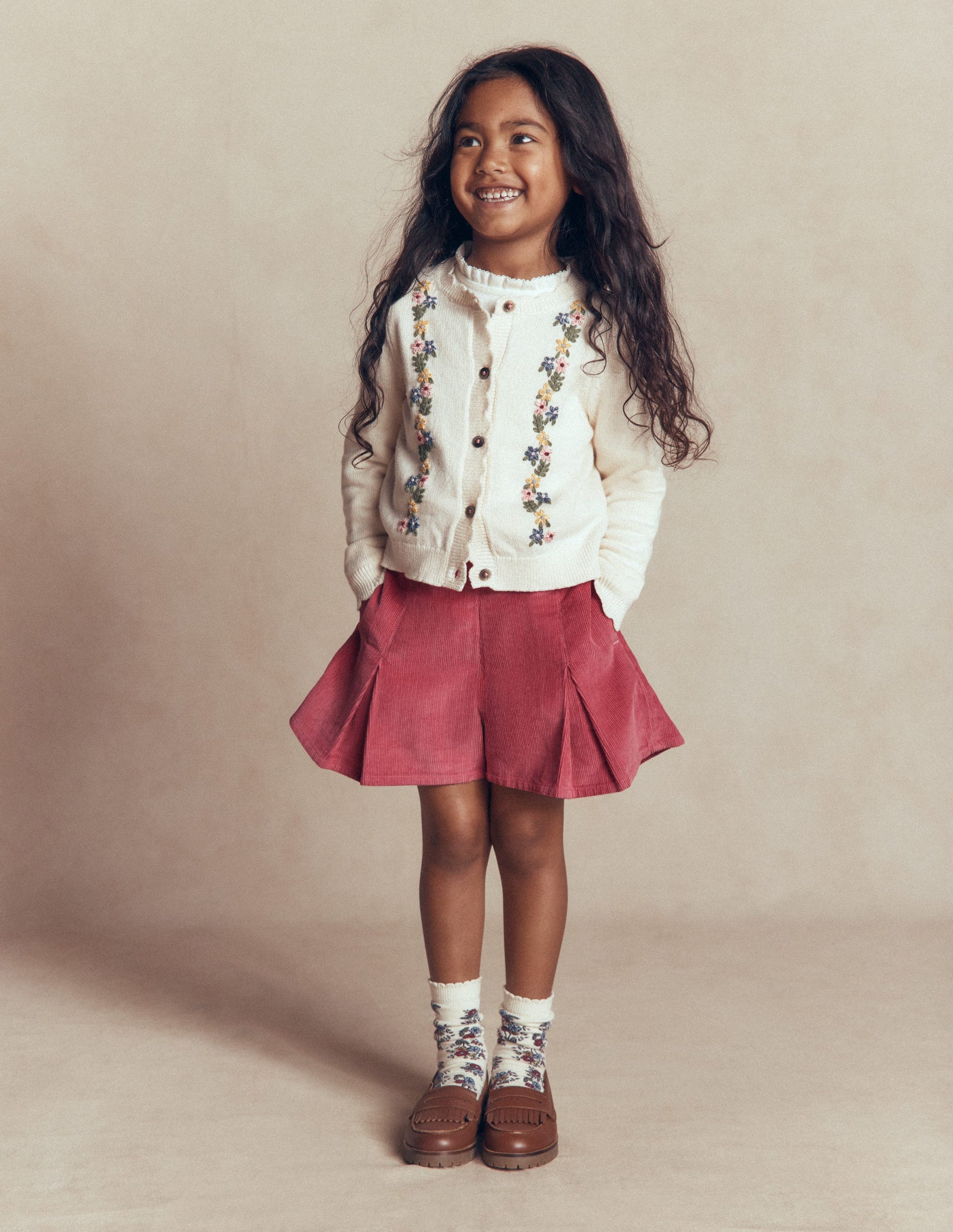 Plissierter Skort-Winter Puderrosa Cord-3