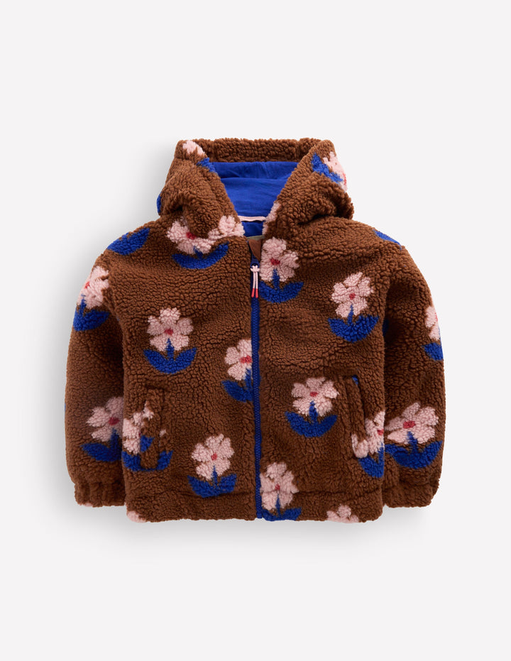 Lockere Teddyfelljacke mit Reißverschluss-Schildpatt Blumenstempel