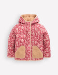 Wattierte Teddyfell-Jacke-Winter Puderrosa Blumenmuster Vögel