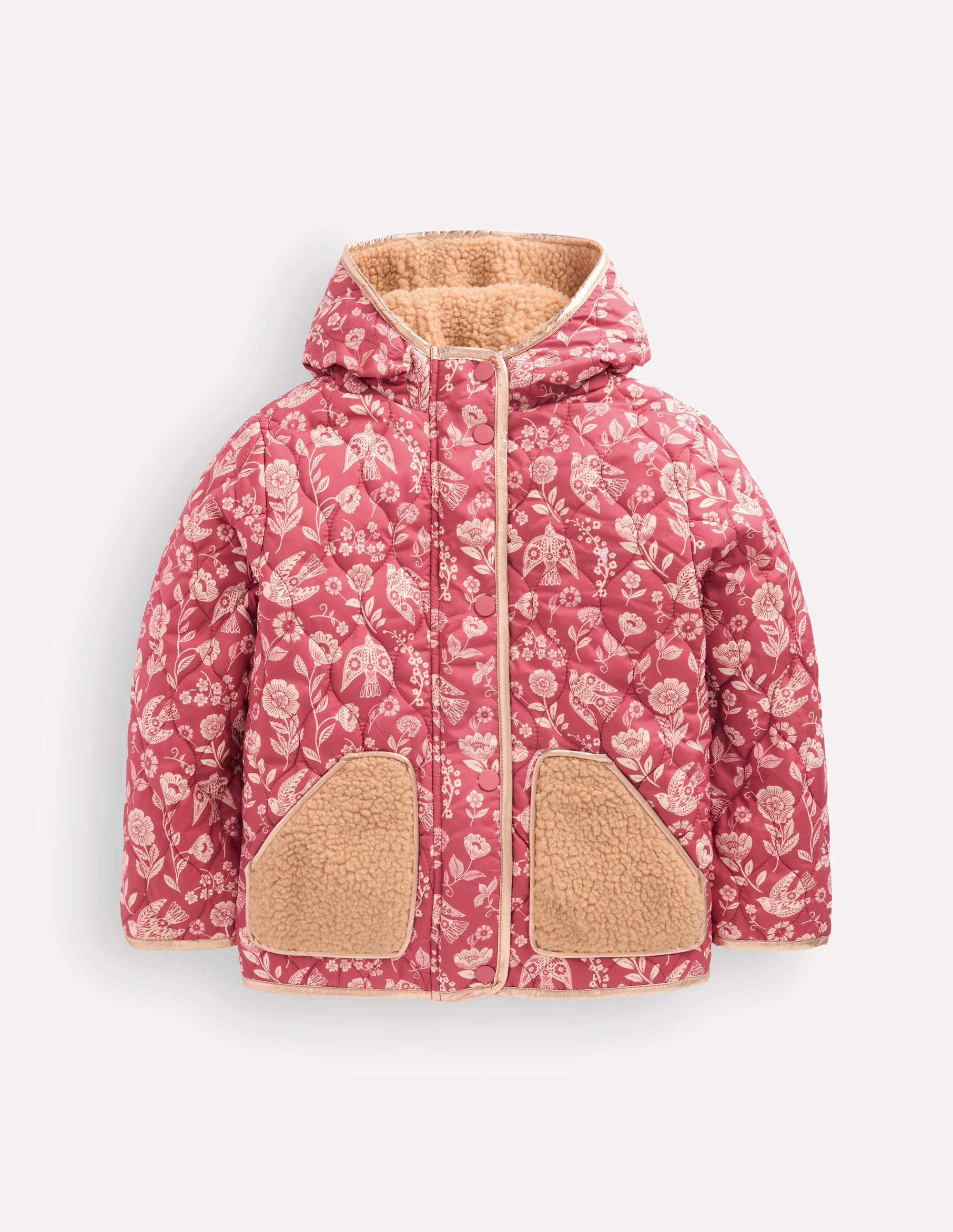 Wattierte Teddyfell-Jacke-Winter Puderrosa Blumenmuster Vögel - Image 1