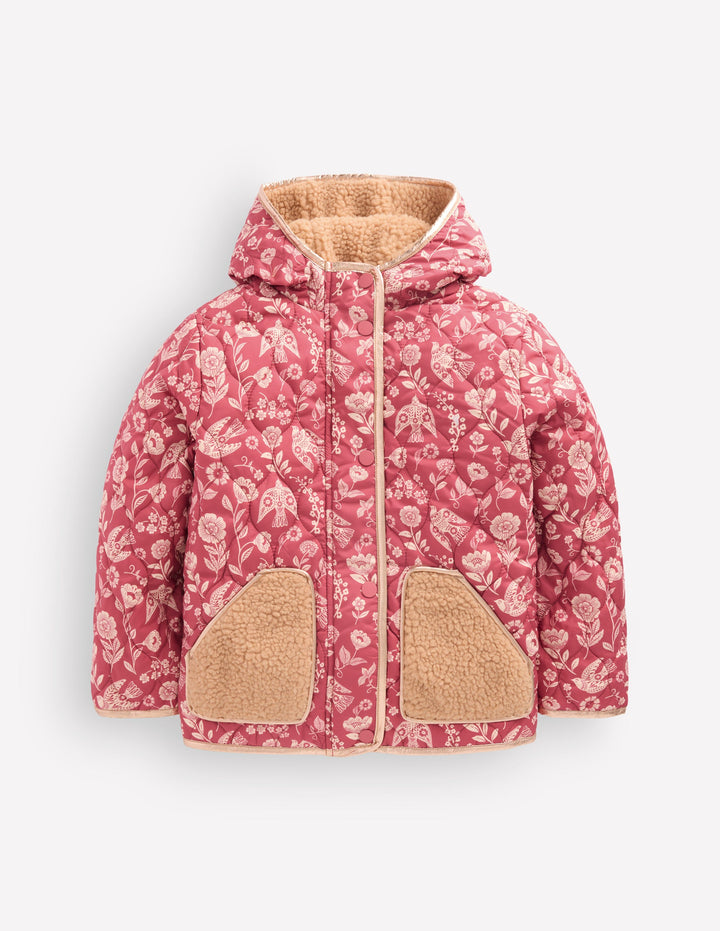 Wattierte Teddyfell-Jacke-Winter Puderrosa Blumenmuster Vögel