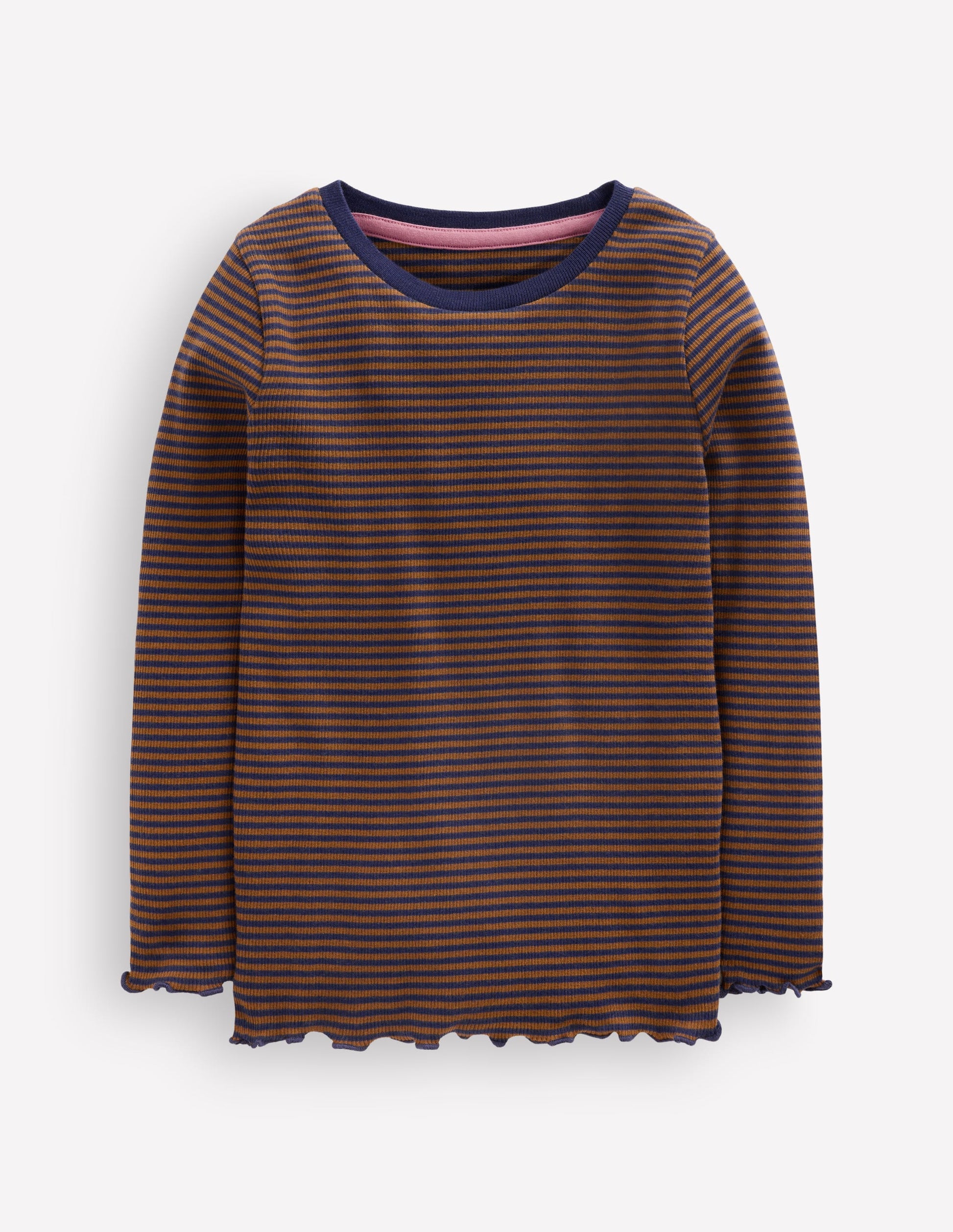 Geripptes Langarmshirt-Marineblau/Camel Streifen-1