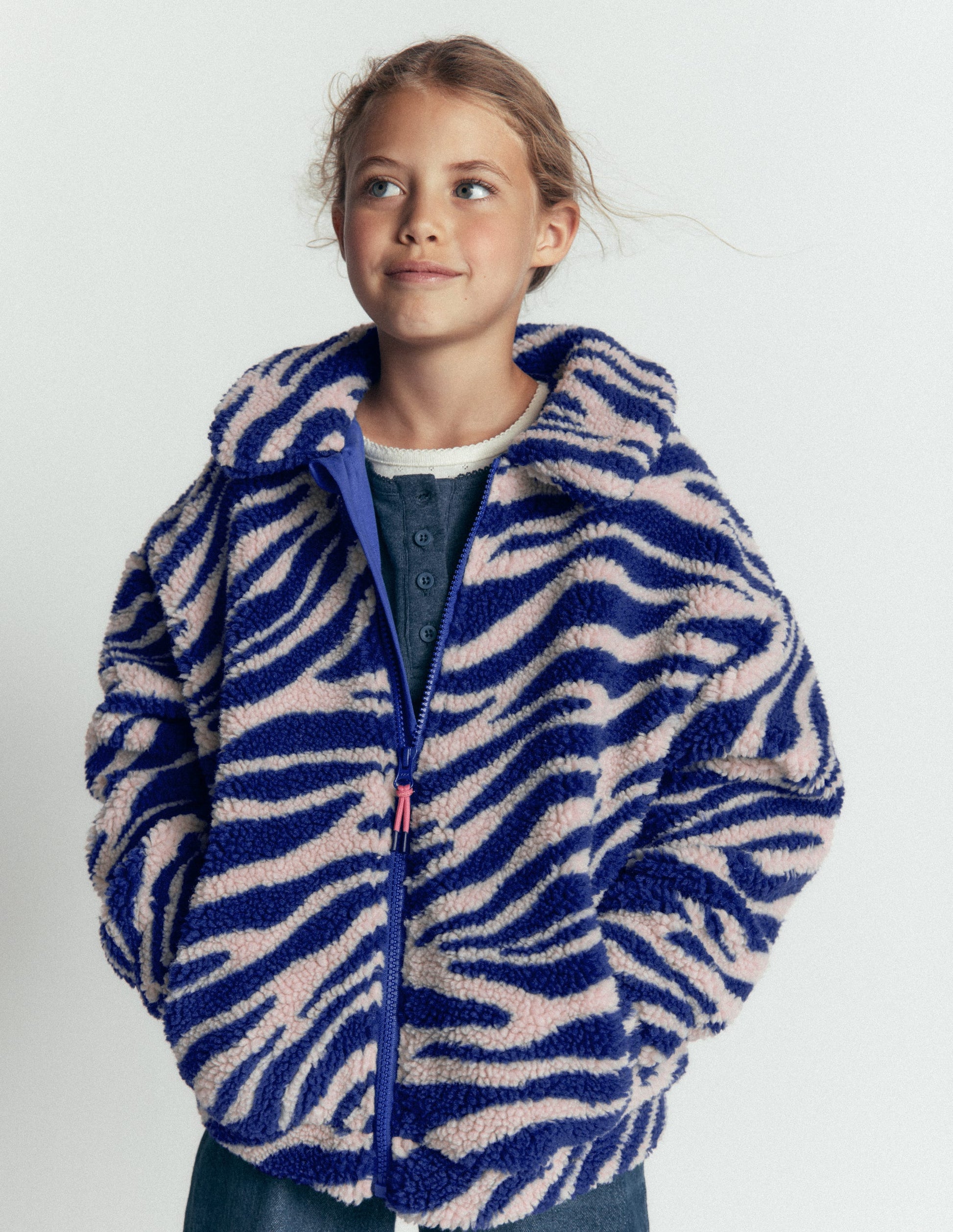 Teddyfelljacke mit Kragen-Teddyfell Zebramuster und Marineblau-1