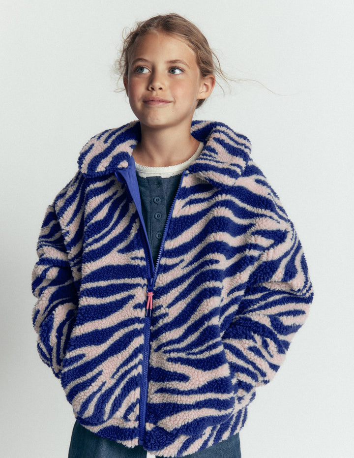 Teddyfelljacke mit Kragen-Teddyfell Zebramuster und Marineblau