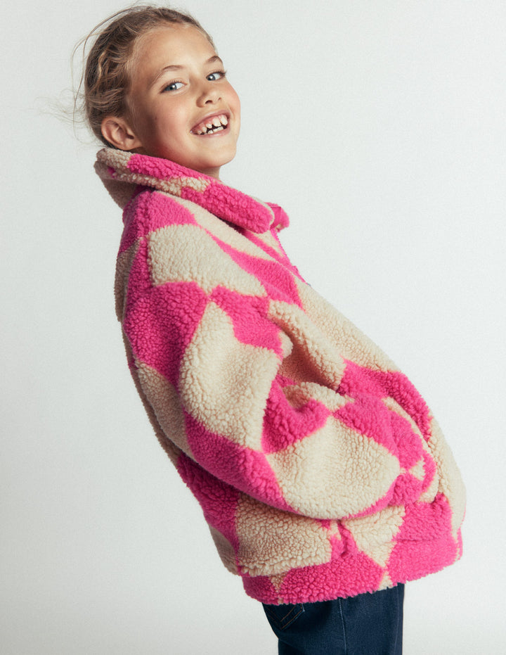 Teddyfelljacke mit Kragen-Argyle-Muster