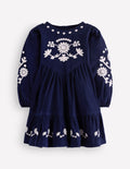 Celia Kleid mit Flügelärmeln-Marineblau Cord Stickerei