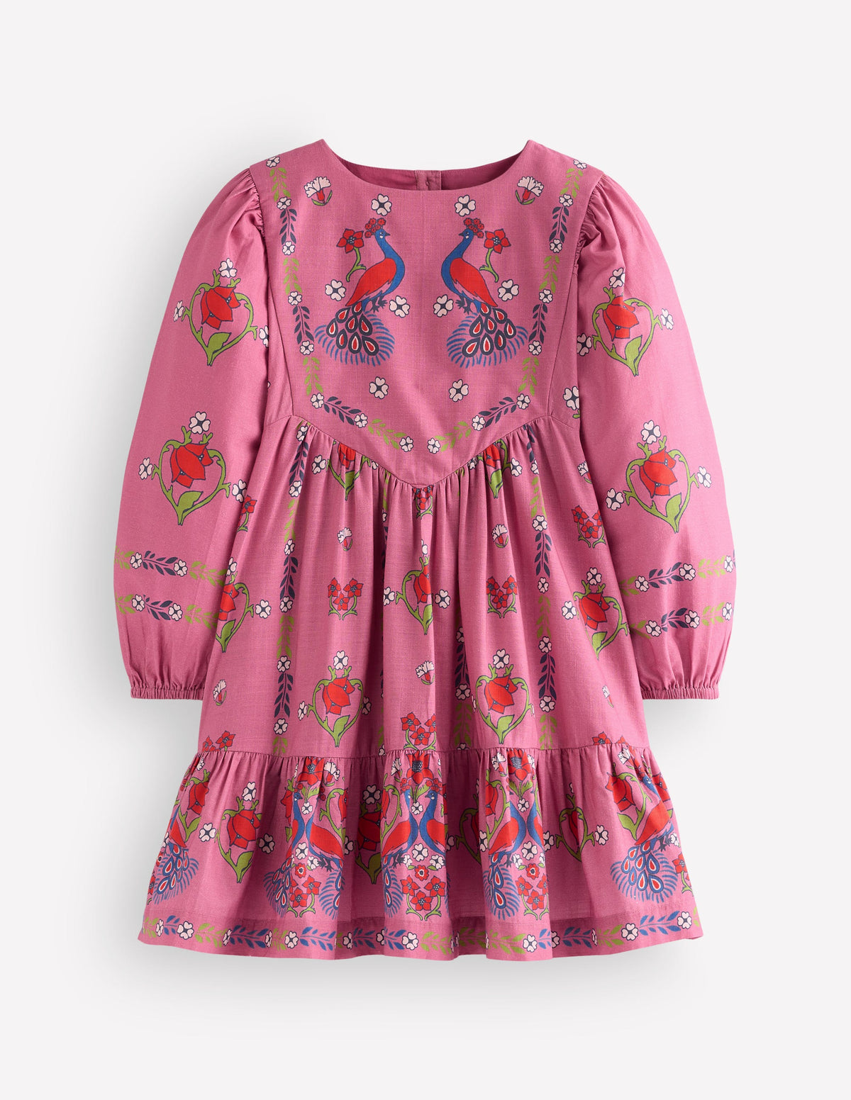Celia Kleid mit Flügelärmeln-Rosa Pfauenmuster-1