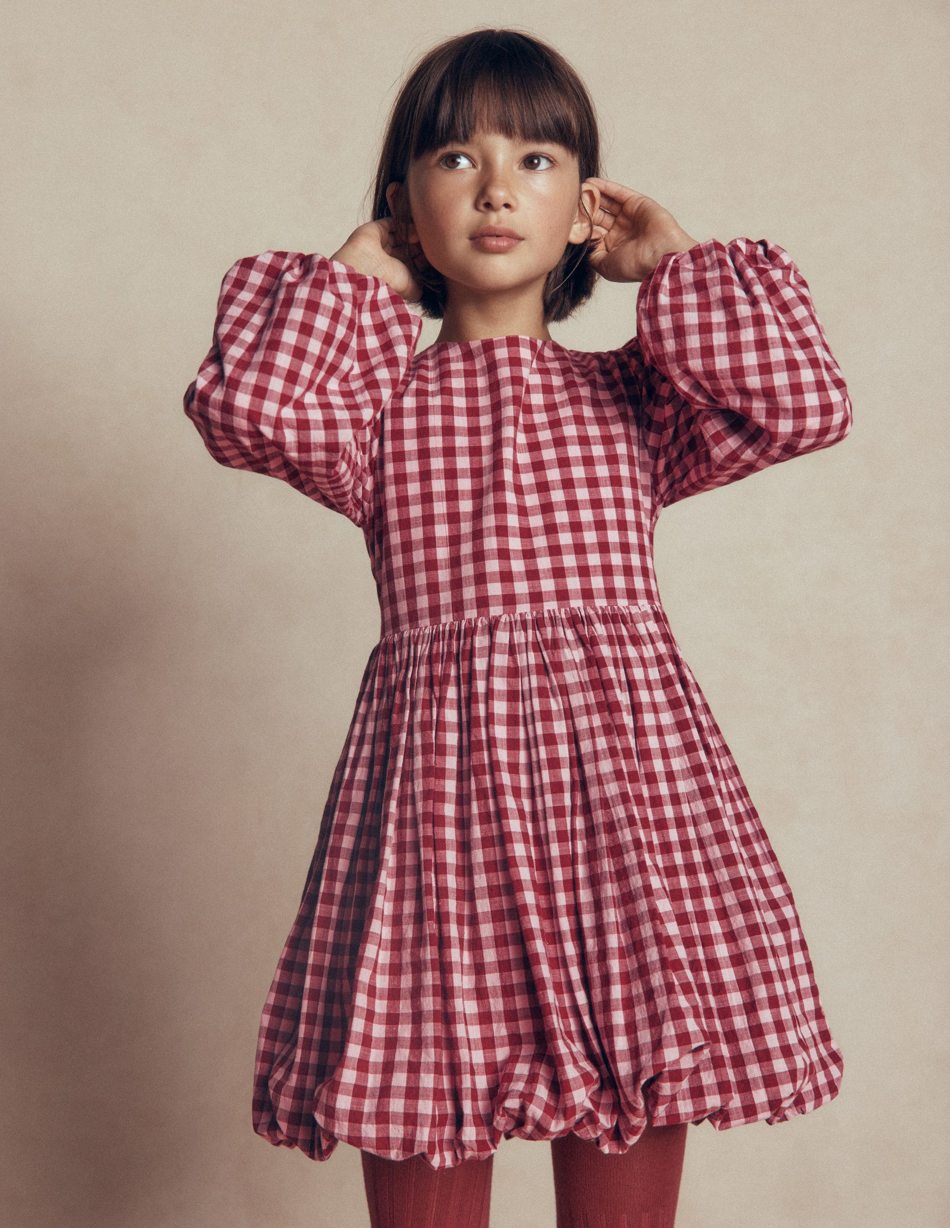 Langärmliges Kleid mit Ballonsaum-Rot Kariert-2