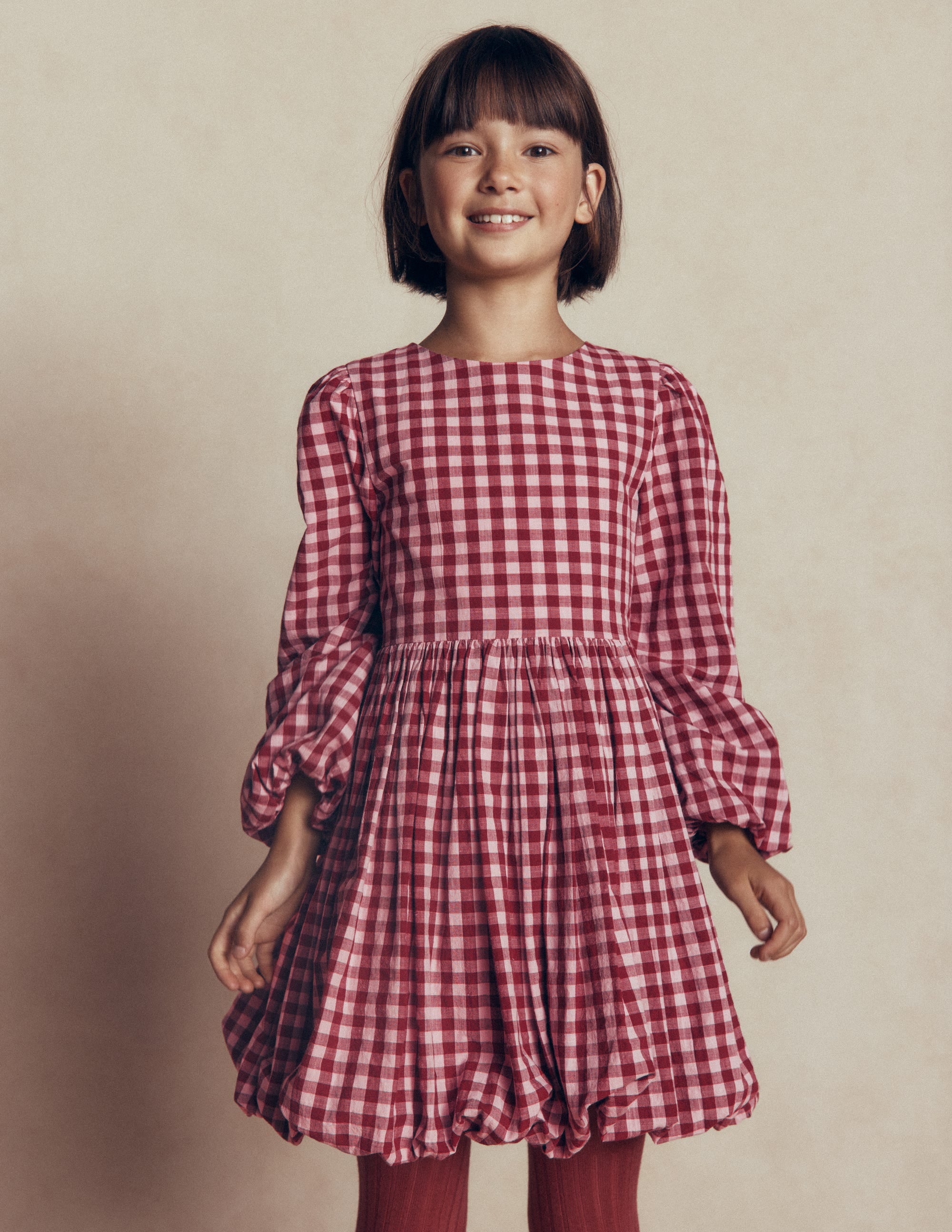 Langärmliges Kleid mit Ballonsaum-Rot Kariert - Image 3