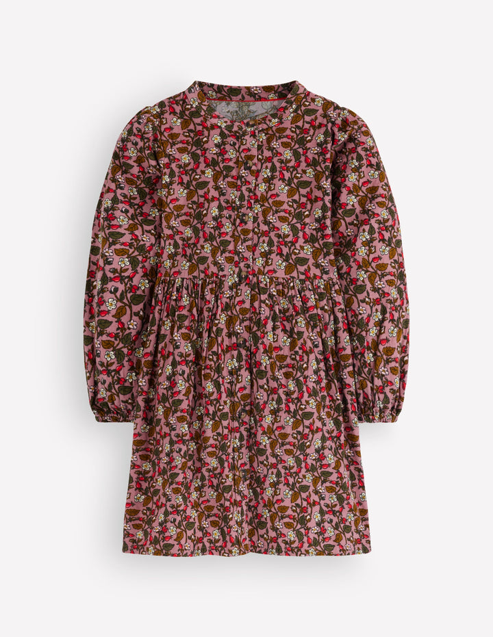 Betsy Gewebtes Kleid mit Puffärmeln-Rosa Blumenmuster Cord