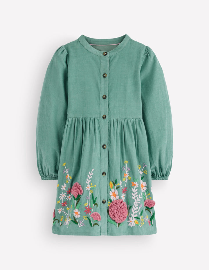 Betsy Gewebtes Kleid mit Puffärmeln-Eukalyptus Cord