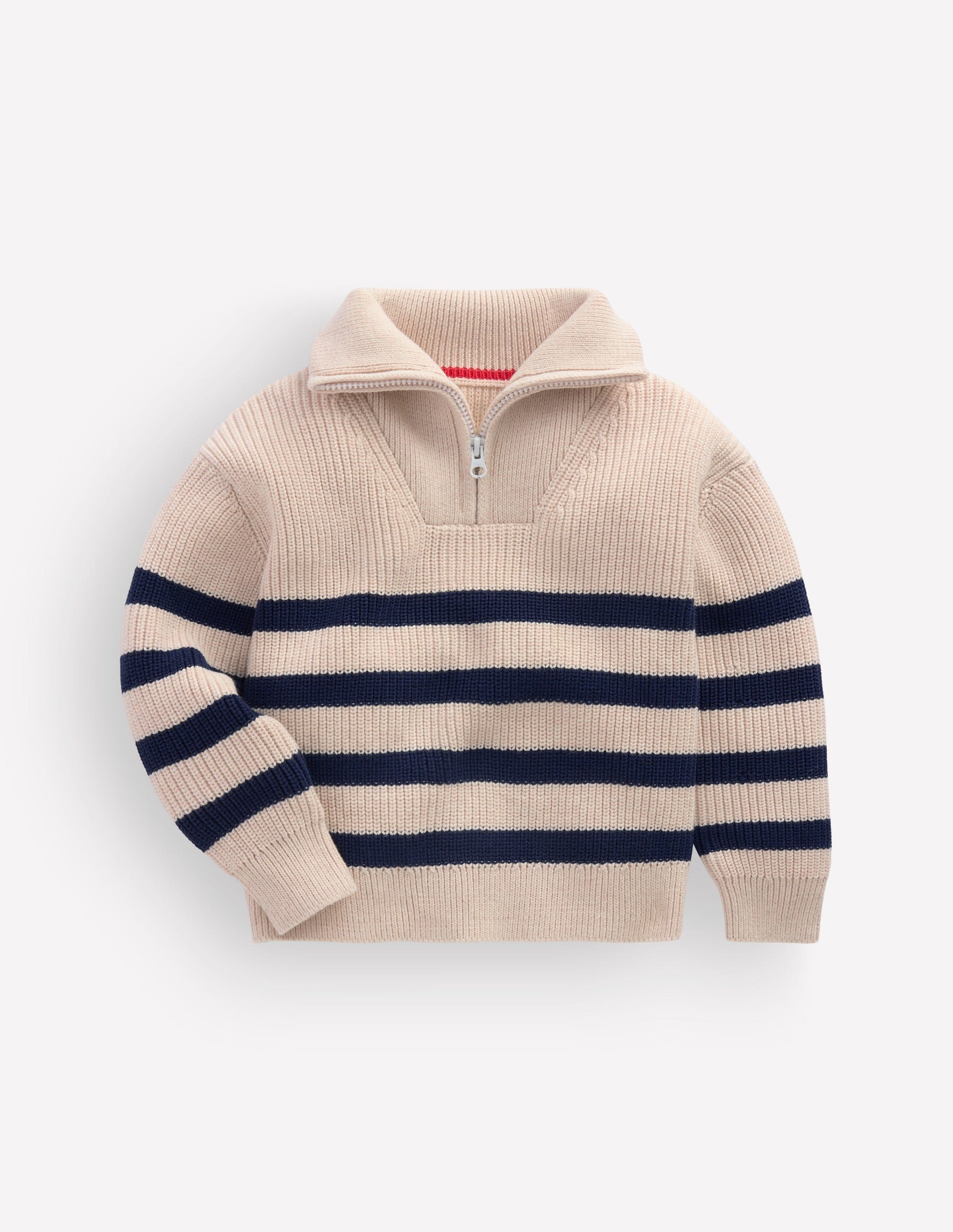 Pullover mit Reißverschluss am Ausschnitt-Beige Meliert/Marineblau-2