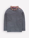 Bretonshirt mit Rüschenausschnitt-Marineblau/Sanftes Naturweiß Streifen