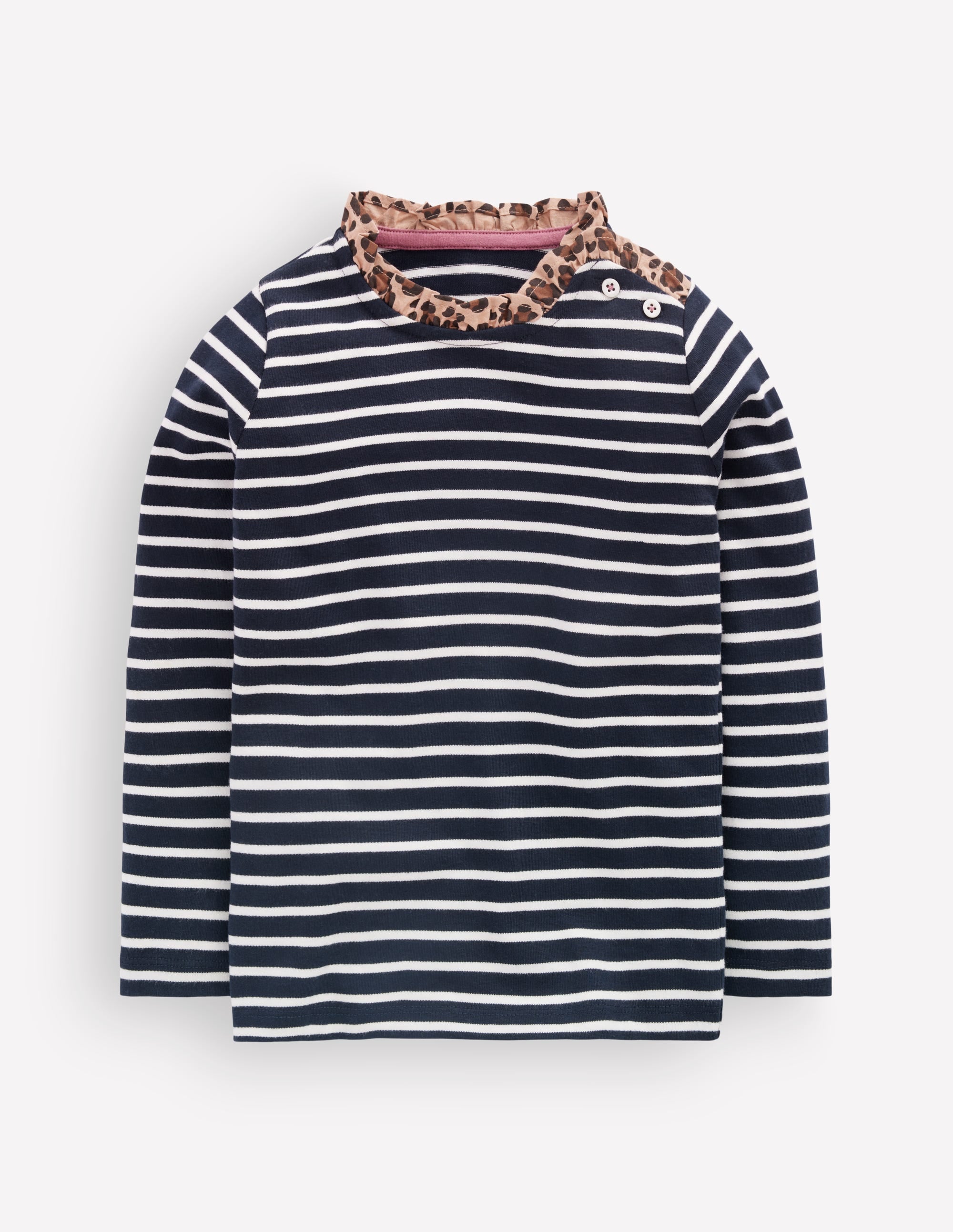 Bretonshirt mit Rüschenausschnitt-Marineblau/Sanftes Naturweiß Streifen - Image 1