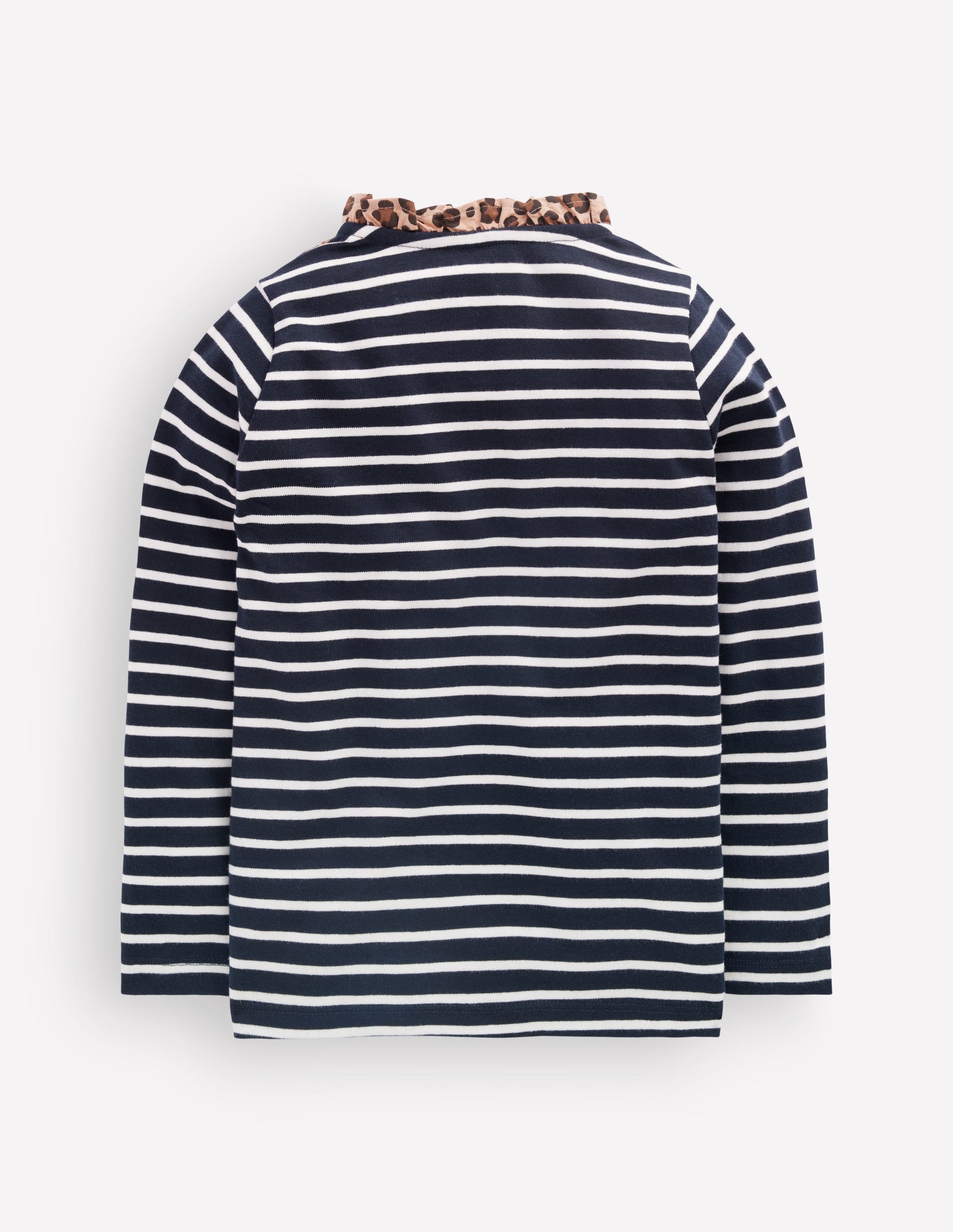 Bretonshirt mit Rüschenausschnitt-Marineblau/Sanftes Naturweiß Streifen-2