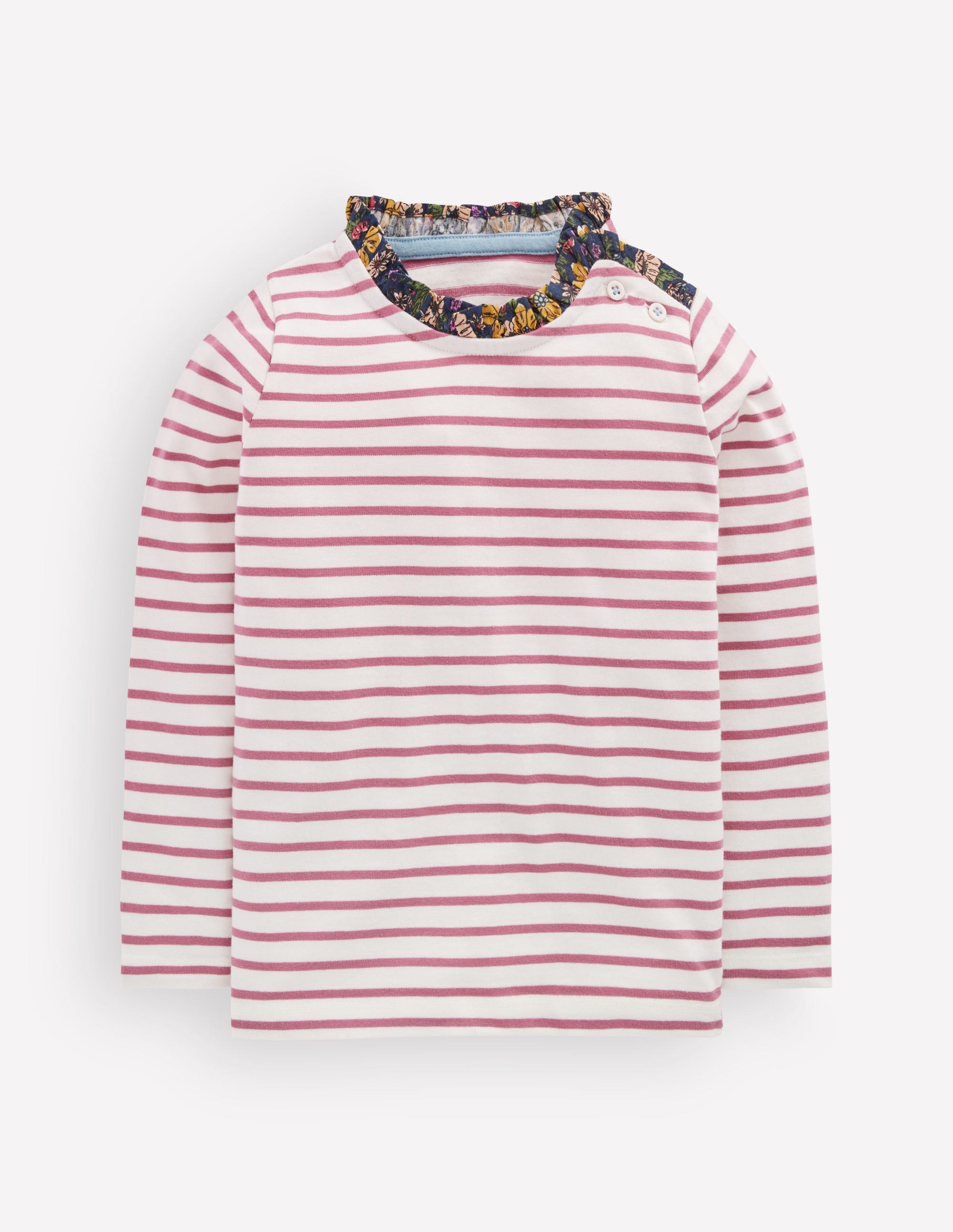 Bretonshirt mit Rüschenausschnitt-Rosa mit Streifen-1