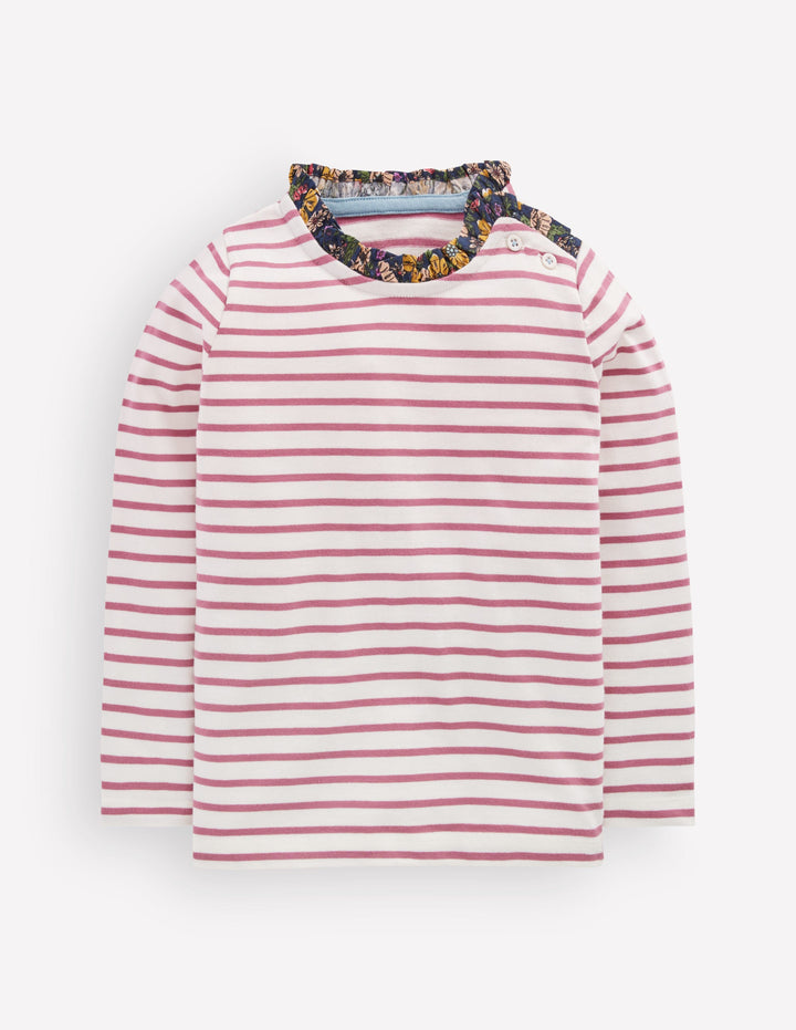 Bretonshirt mit Rüschenausschnitt-Rosa mit Streifen