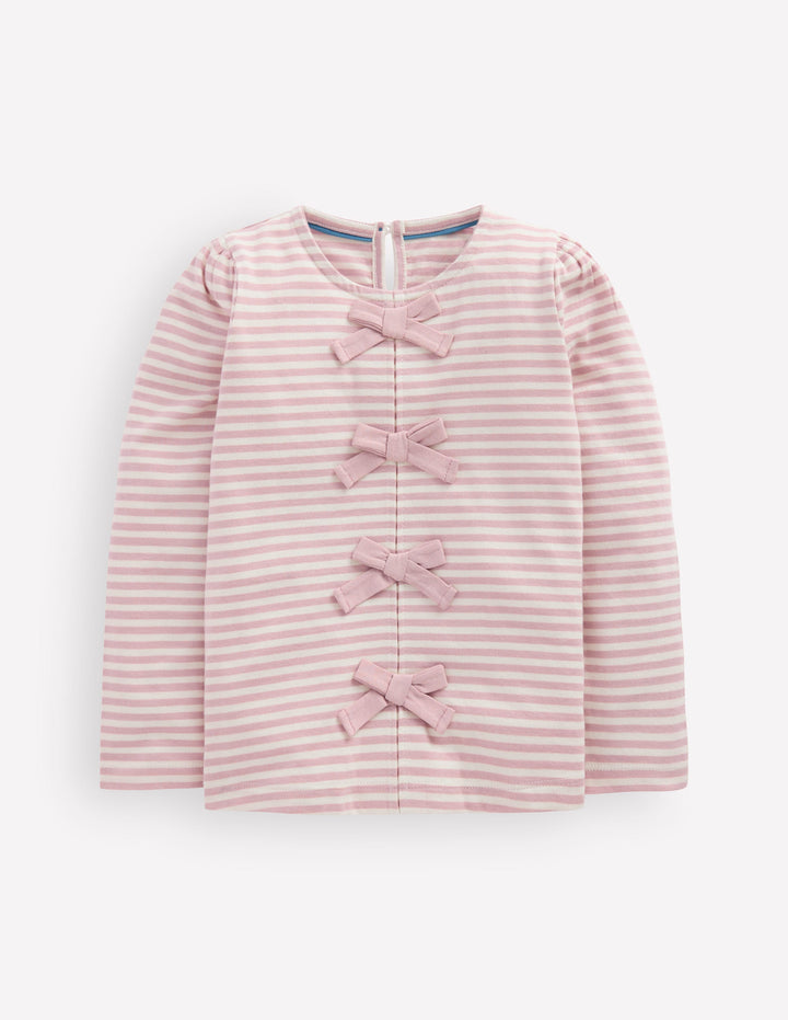 Rippstrick-Oberteil mit Schleifenbesatz-Rosa mit Streifen