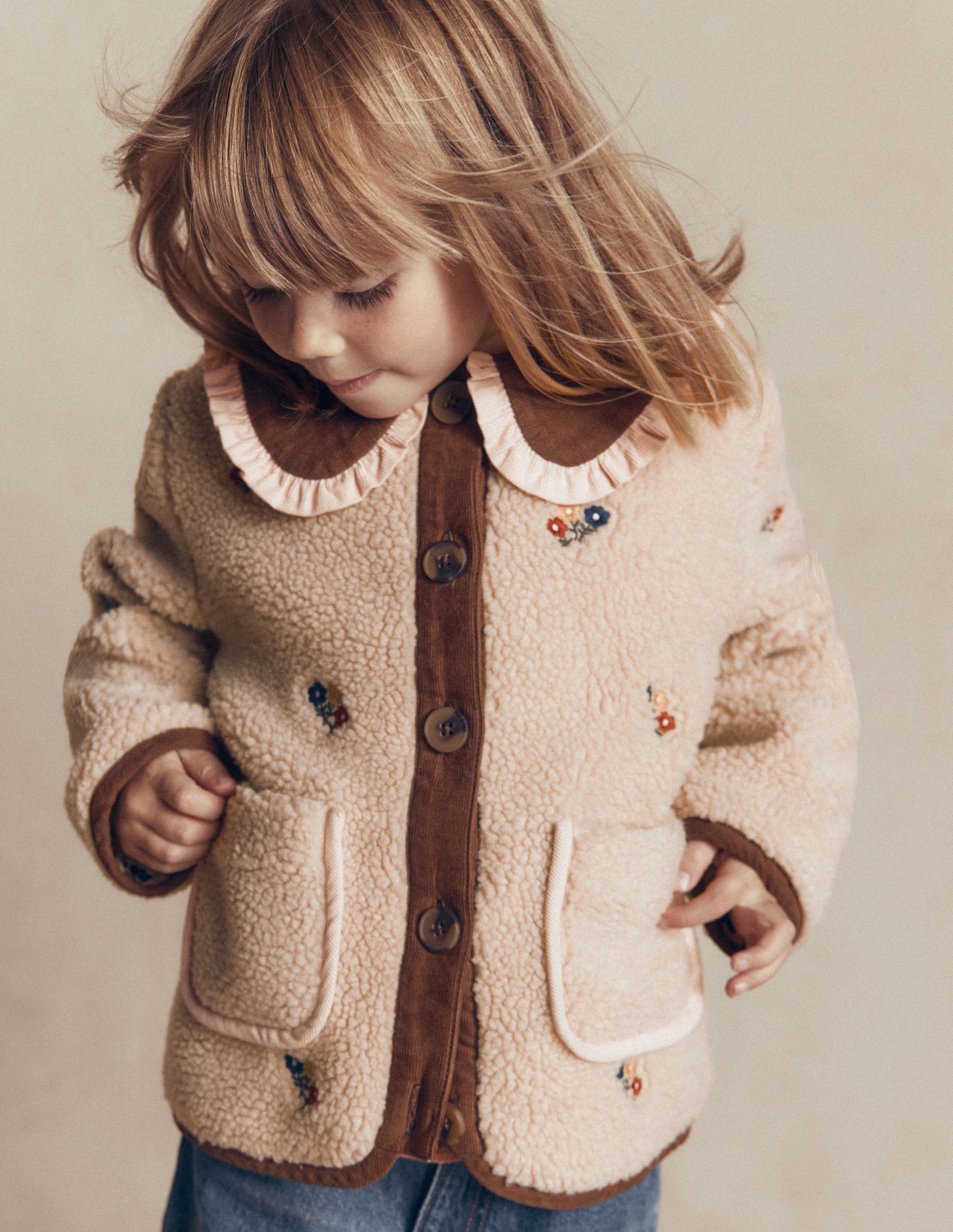 Bestickte Teddyfelljacke-Naturweiß mit Stickerei-3