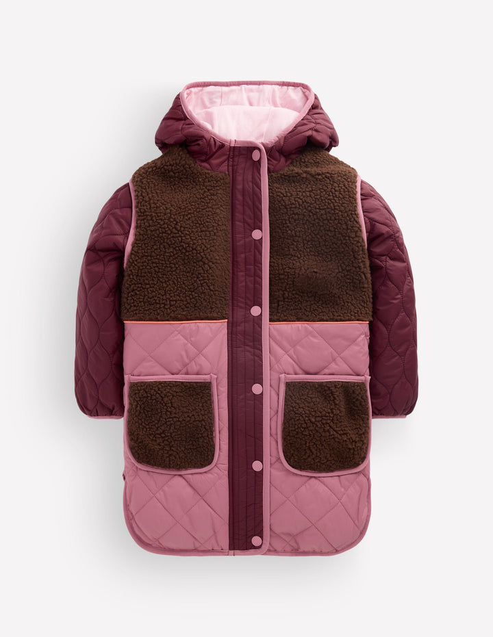 Lange Steppjacke-Sattes Weinrot Bunt