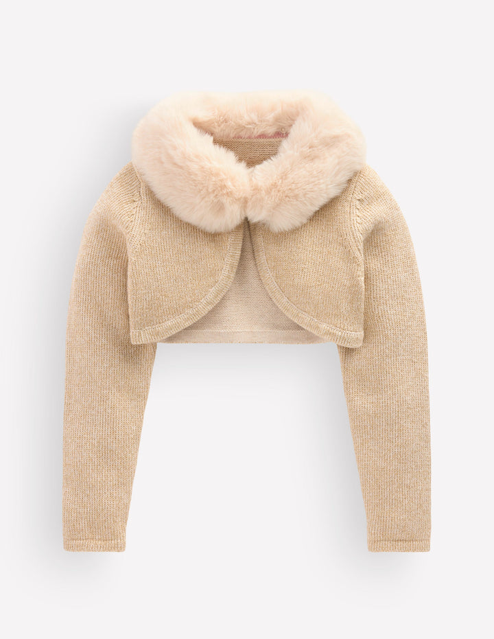 Verkürzte Strickjacke mit Kunstfellbesatz-Gold Glitzer