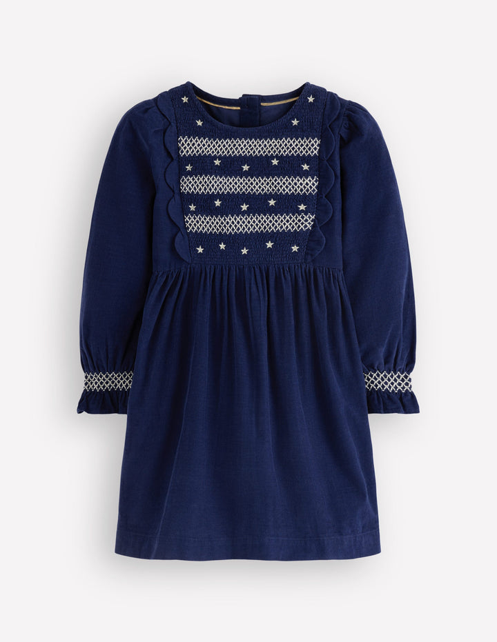 Gesmoktes Glitzerkleid aus Cord-Dunkelblau, Sterne