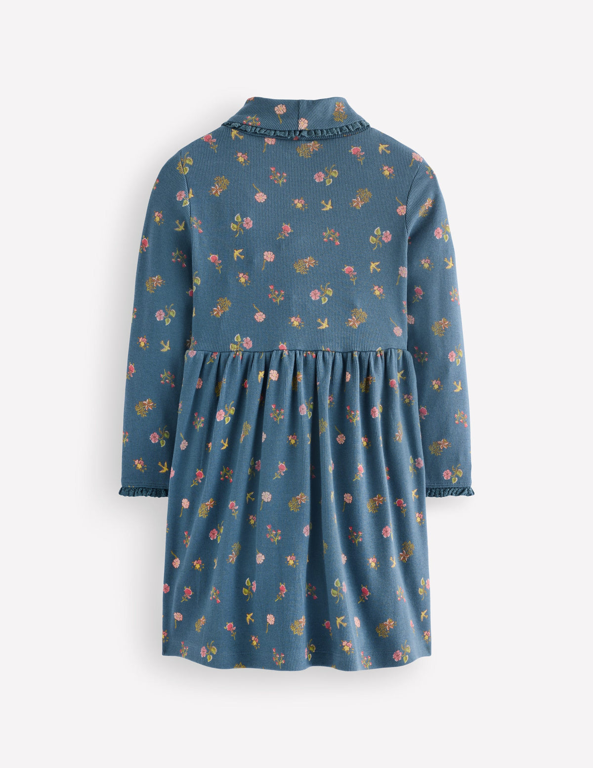 Hochgeschlossenes Rippstrickkleid-Blau Geblümt-2