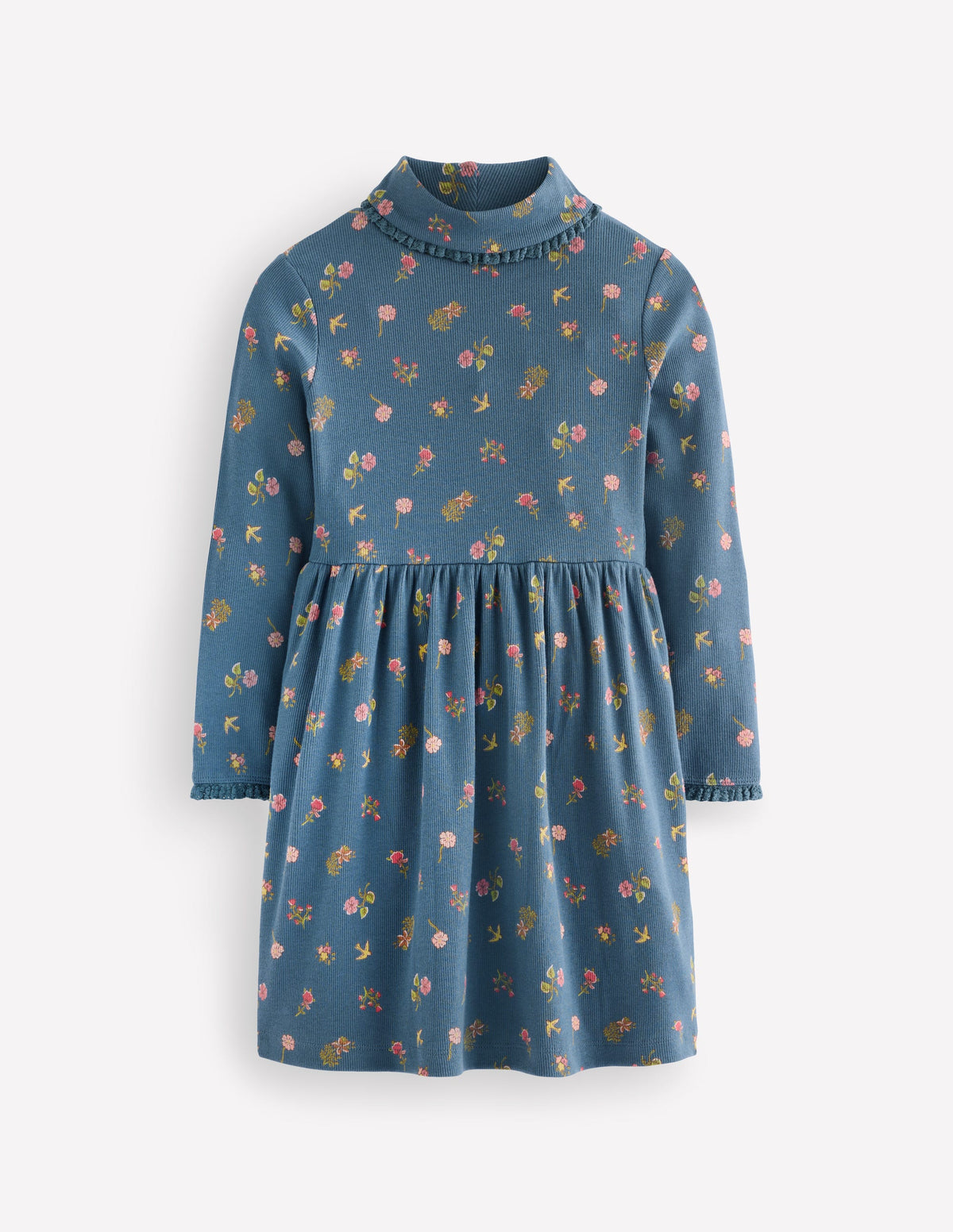 Hochgeschlossenes Rippstrickkleid-Blau Geblümt-1