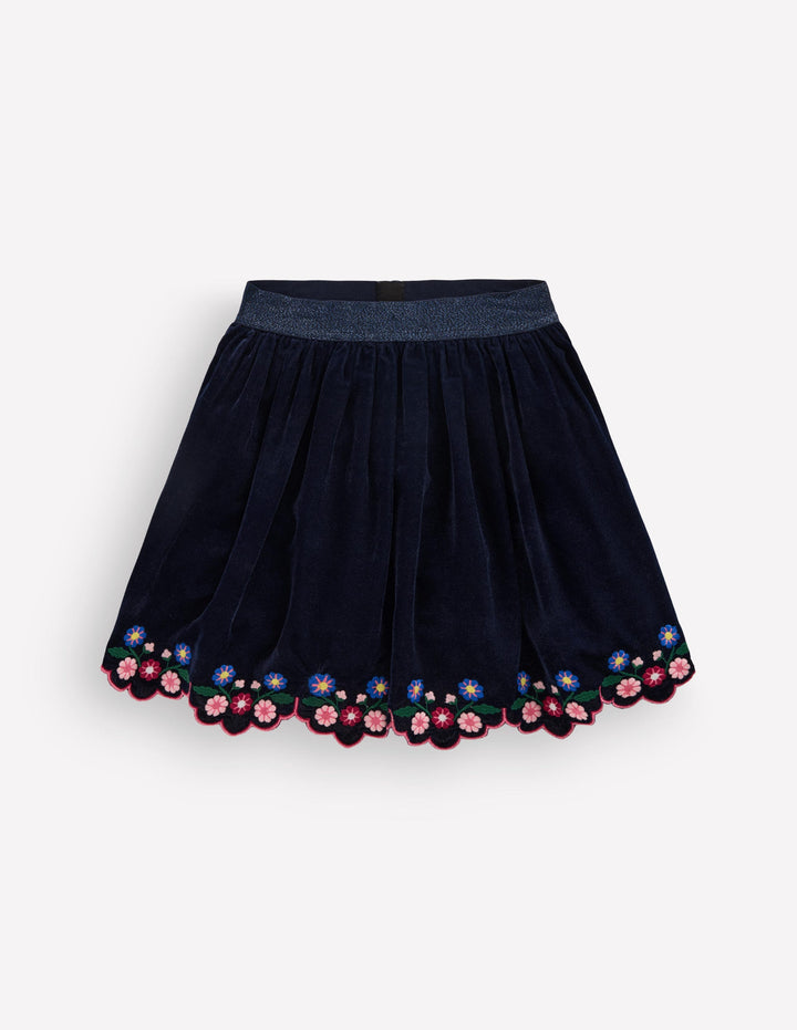 Samtrock mit Muschelsaum-Navy, Stickerei