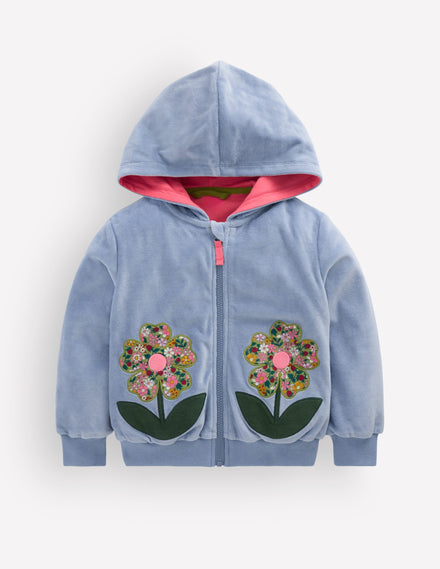 Velours-Sweater mit durchgehendem Reißverschluss-Blau Blumen