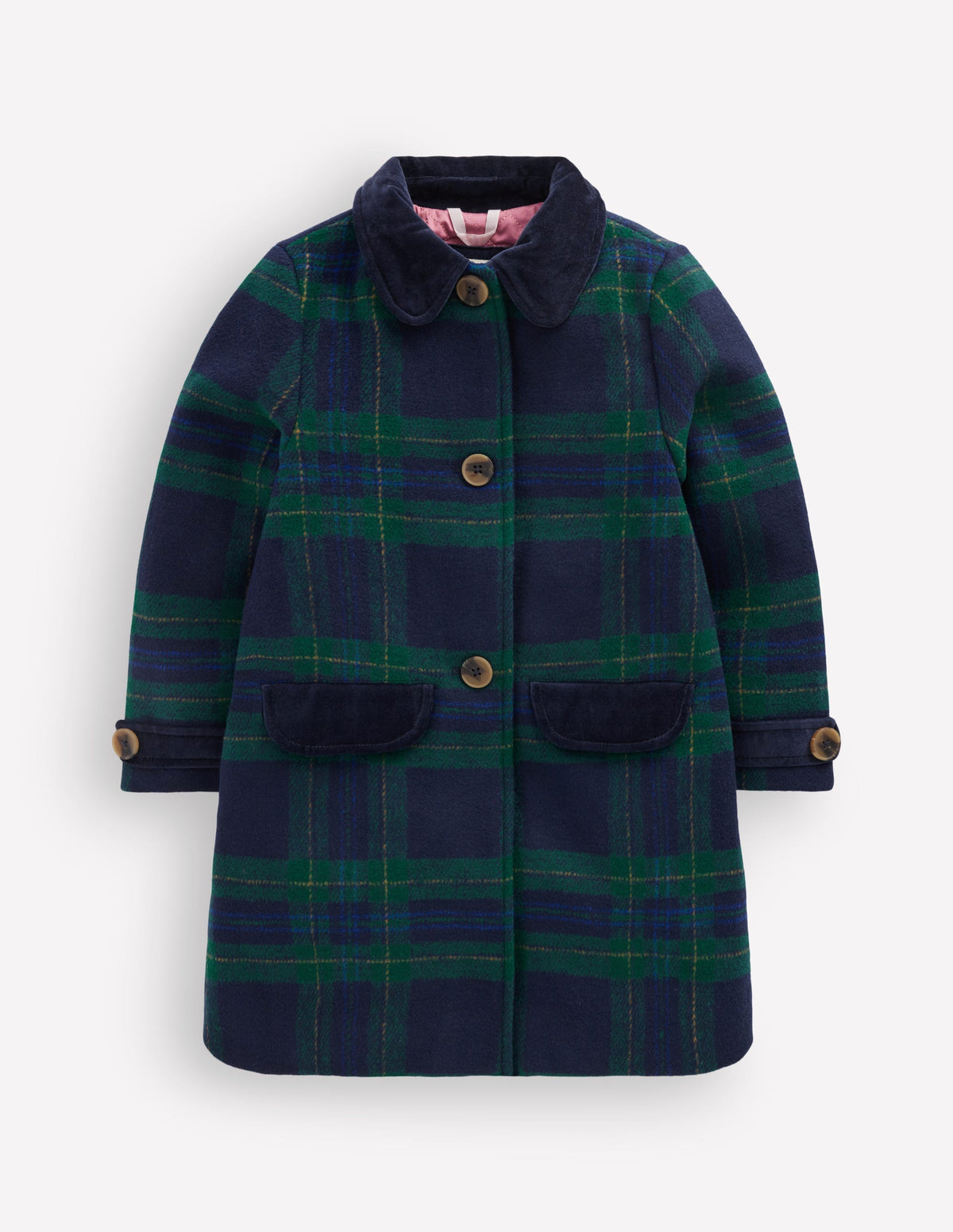 Manteau en laine à détails en velours-Carreaux bleu marine-2