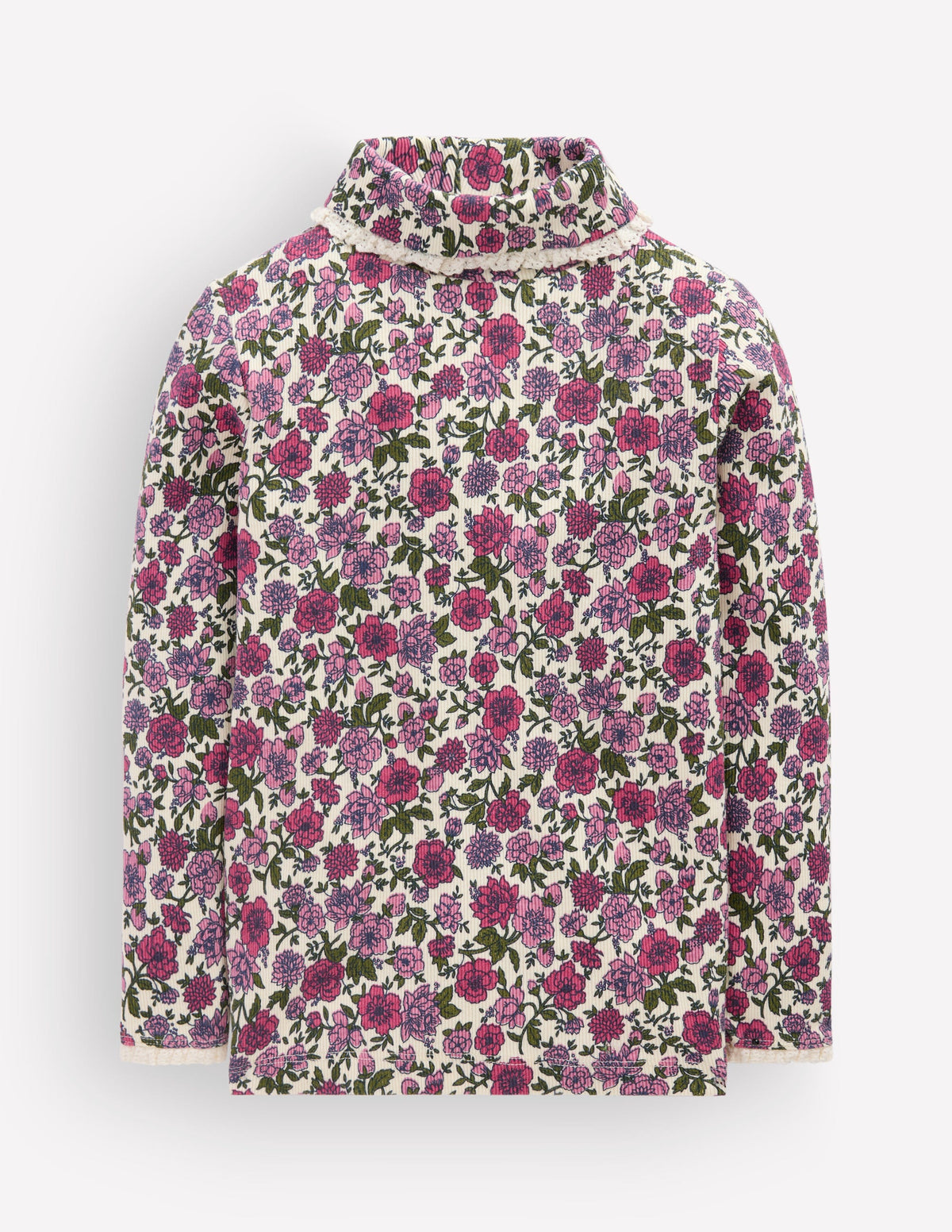Top à col roulé et détails en dentelle-Motif floral gravé ivoire/rose-1