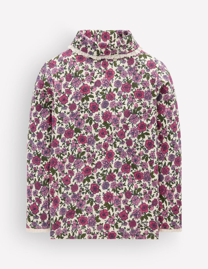 Oberteil mit Rollkragen und Spitzenbesatz-Naturweiß/Rosa Graviertes Blumenmuster