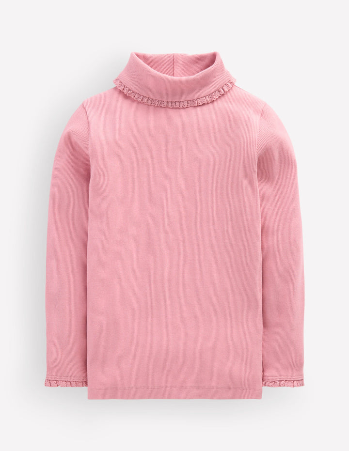 Oberteil mit Rollkragen und Spitzenbesatz-Vintage-Rosa