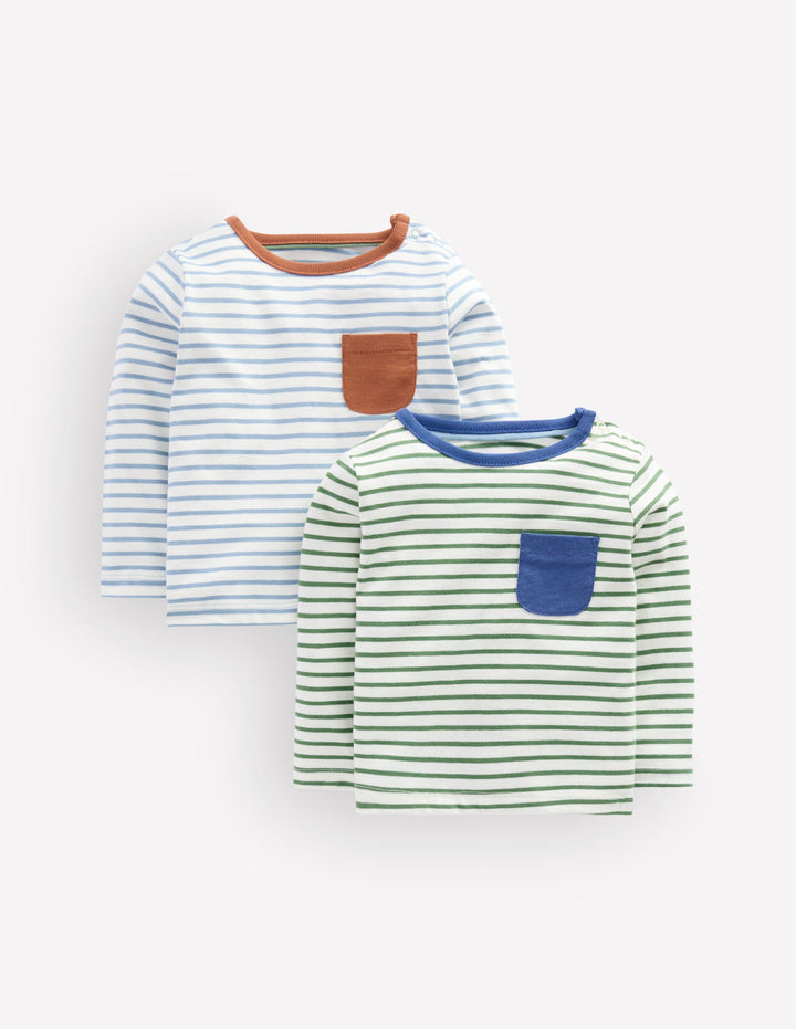 Baumwoll-Langarmshirts im Doppelpack-Ackerbohnengrün/Pink, Gestreift