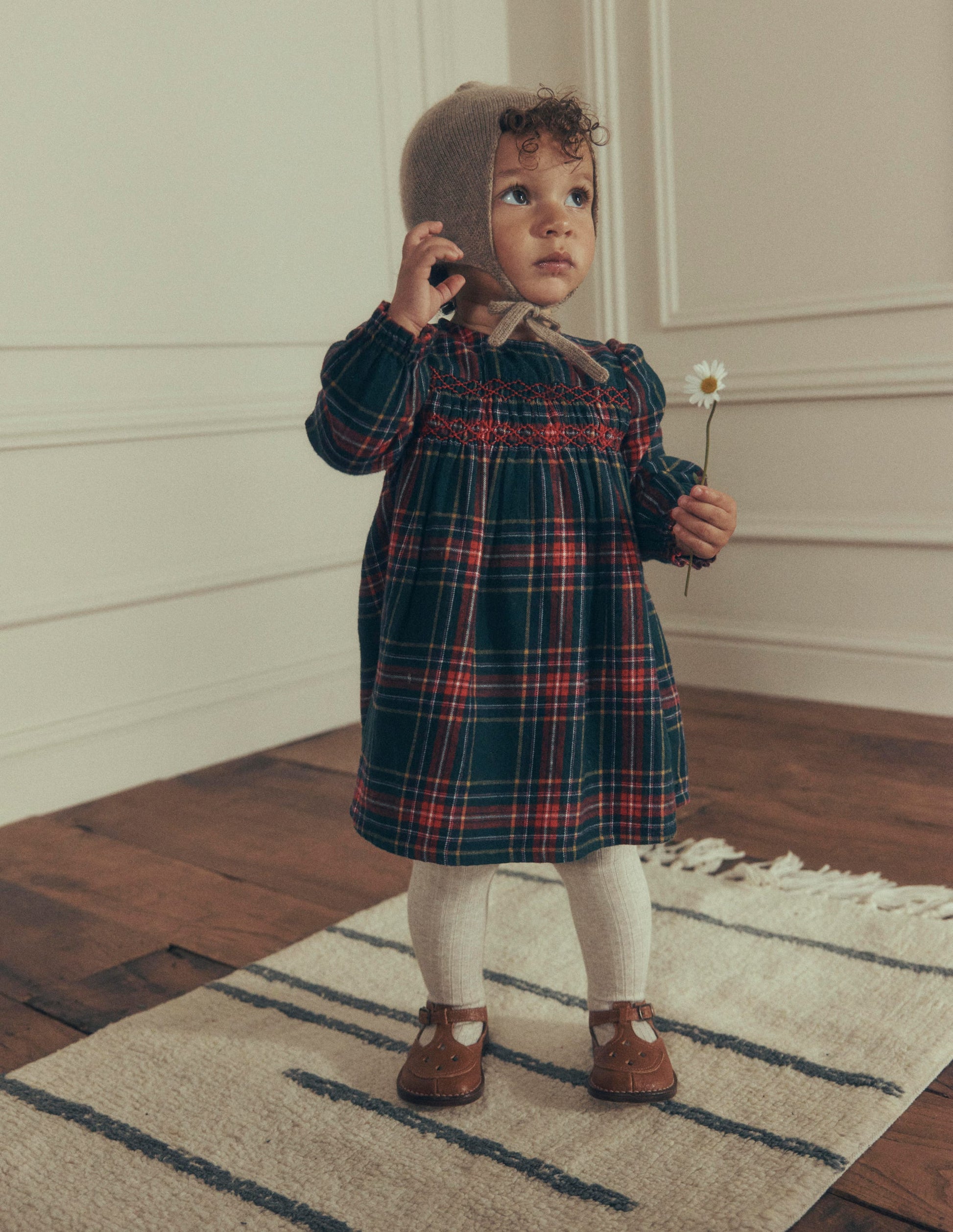 Robe de cérémonie à smocks-Carreaux traditionnels vert-1
