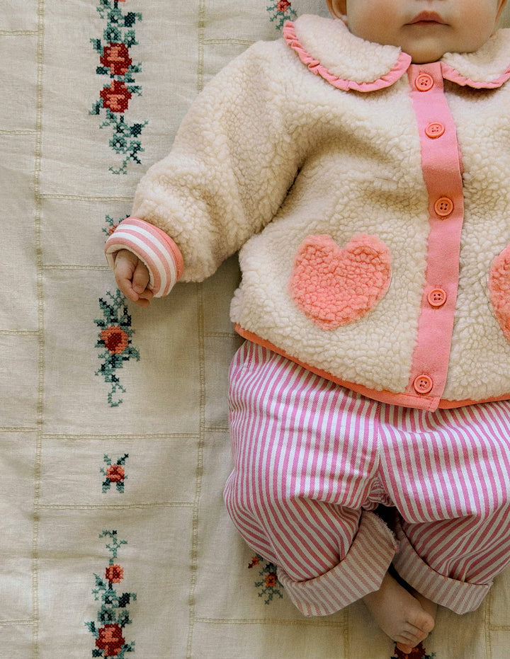 Teddyfelljacke mit Kragen-Neutral/Rosa Herz