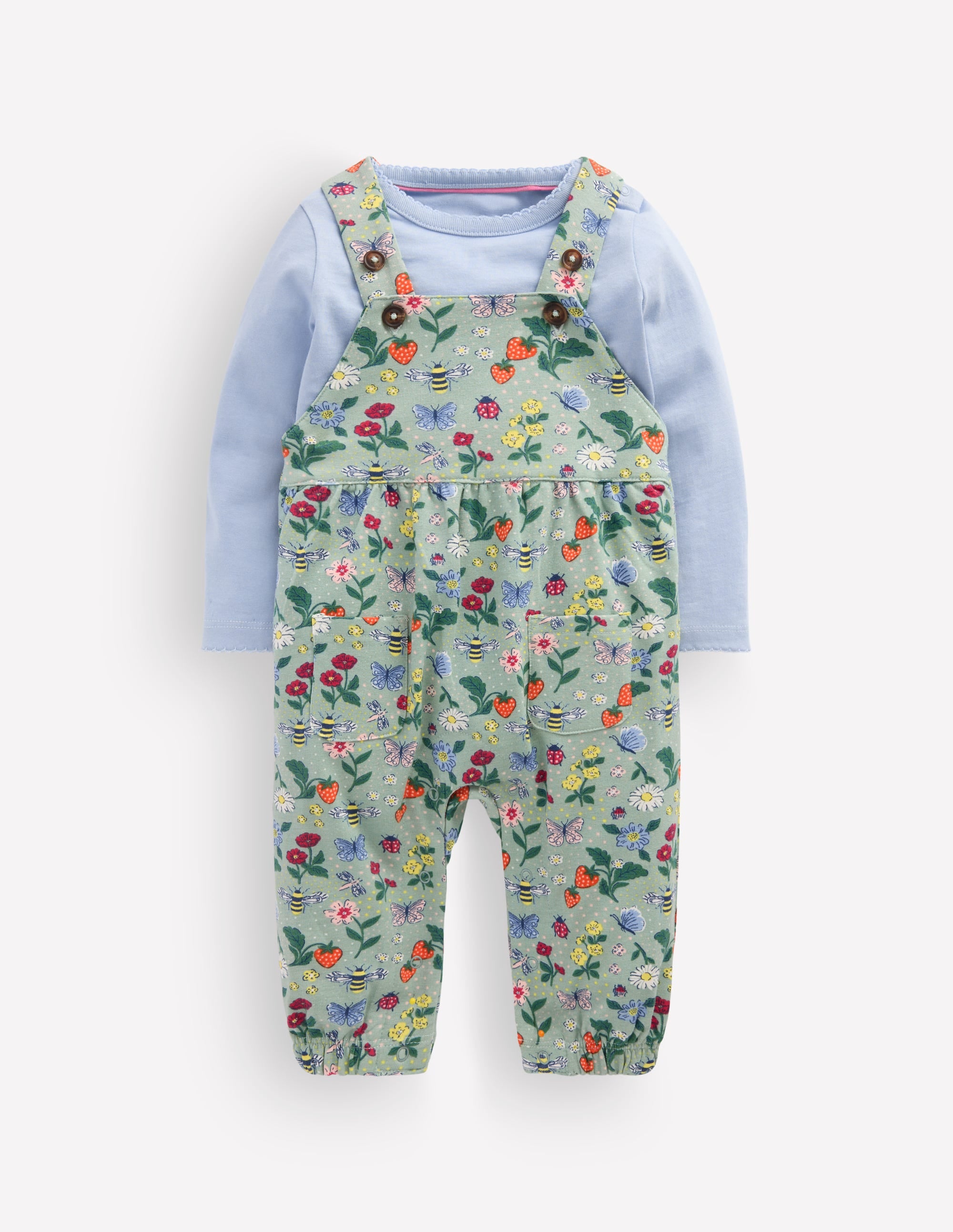 Ensemble avec salopette en jersey-Motif Bee Garden vert - Image 1