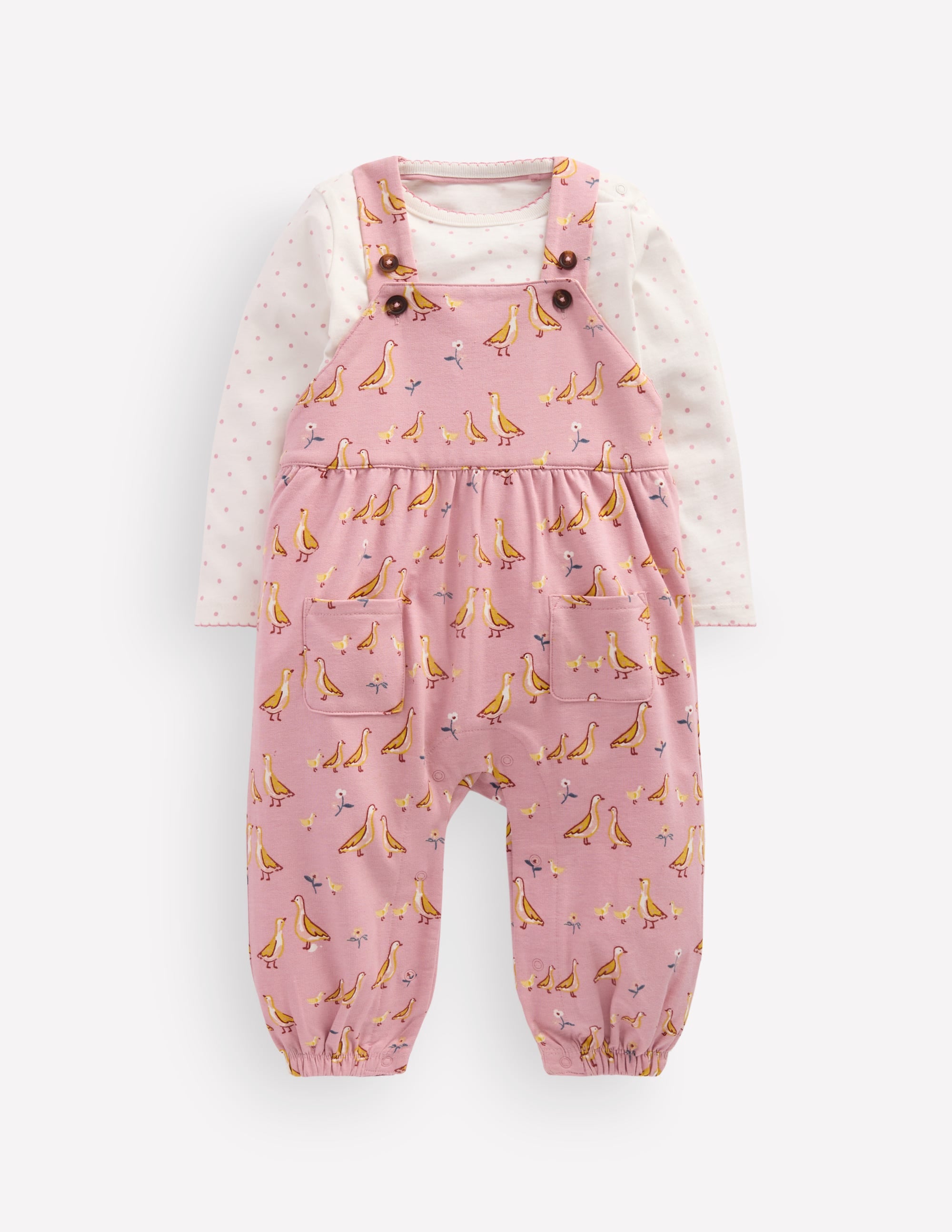 Ensemble avec salopette en jersey-Canards rose - Image 1